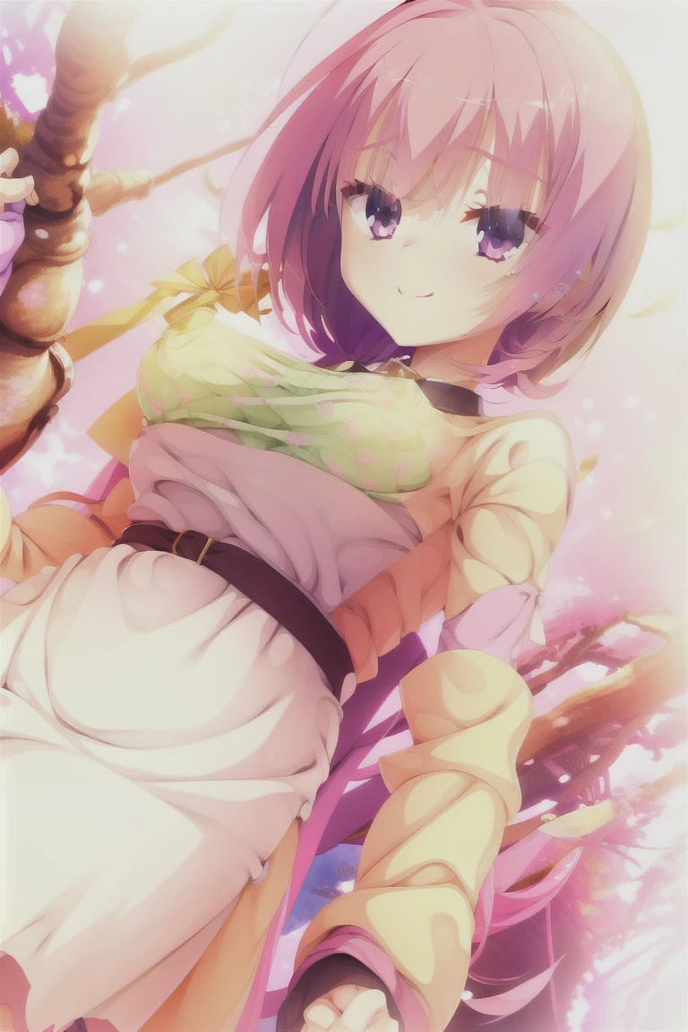 1girl,solo,smiling,middle_,bob_hair,yellow_eyes,pink_hair,short_sleeves,full_body,one-piece_dress,beige_one-piece_dress,black_collar,sensitive,bangs,hair_between_eyes,ahoge,general,questionable,explicit,expensive_solve, clear_image, expensive_Contrast, 8k, Sparkling, beautiful_detailed_face_and_eye, (Pink Hair:1.25), white eye,