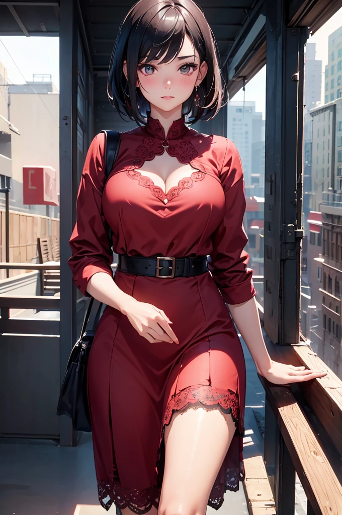 1girl, cowboy shot of beautiful ada, looking at viewer, red dress, black hair, blush, short hair, athletic night, volumetric lighting, best quality, masterpiece, intricate details, tonemapping, sharp focus, hyper detailed, trending on Artstation, ada, realistic 