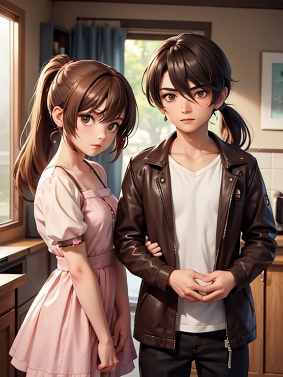 Two characters in a scene boy and girl (absolutely identical twins brother and sister), The first character is a handsome effeminate gay boy with beautiful girlish features, with semi-long brown hair tied in a ponytail, women&#39;s blouse and shorts, Brown eyes, and the second character is a feminist girl with aesthetic small breasts with beautiful erect nipples, with very tousled shaggy semi-long brown hair, hair between the eyes, Brown eyes, beautiful face, an athlete with well-developed proportional muscles, in a silk translucent T-shirt and jeans, talk to each other, different emotions, free pose, free interaction with each other, White background, стиль мультфильма Disney Pixar