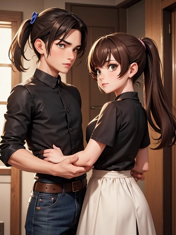 Two characters in a scene boy and girl (absolutely identical twins brother and sister), The first character is a handsome effeminate gay boy with beautiful girlish features, with semi-long brown hair tied in a ponytail, women's blouse and shorts, Brown eyes, and the second character is a feminist girl with aesthetic small breasts with beautiful erect nipples, with very tousled shaggy semi-long brown hair, hair between the eyes, Brown eyes, beautiful face, an athlete with well-developed proportional muscles, in a silk translucent T-shirt and jeans, talk to each other, different emotions, free pose, free interaction with each other, White background, стиль мультфильма Disney Pixar