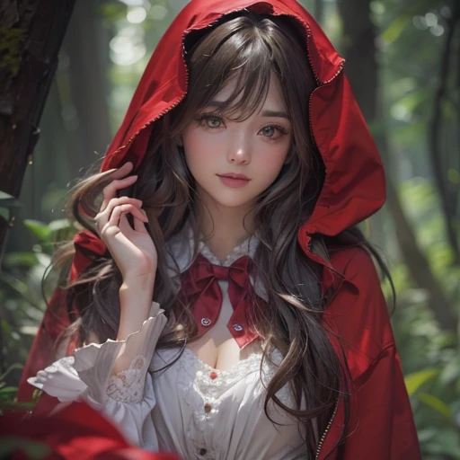Standing in the forest、Hair flow、 ((highest quality、masterpiece、8k、Best image quality、Ultra-high resolution、Award-winning works)、(Accurate anatomy:1.1)、(Look at me and smile:1.1)、Shining fair skin with Ultra-high resolution、The most detailed face、Ultra-high resolution detailed face、Ultra-high resolutionの髪の毛、(Ultra-high resolution eye:1.1)、Beautiful face drawn in every detail、little red riding hood　Costumes , Chest to chest,  Strange atmosphere, A real werewolf stares at her......., Dark Light, in the forest , Heavy makeup 
