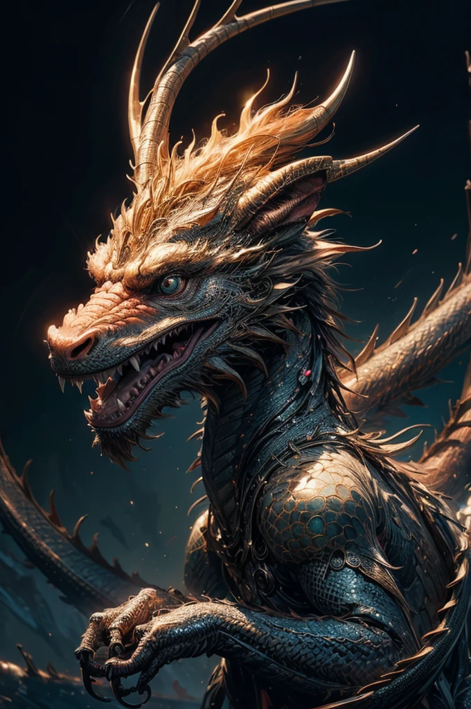 Complex 3D rendering of [[a highly detailed head of a dragon]]、150mm、Beautiful studio soft lights、Rim Light、Vivid details、head of a dragon、[[a highly detailed head of a dragon]]、surrealistic、dragon、octan render、8K、top-quality、​masterpiece、illustration、[[a highly detailed head of a dragon]]、highly detailed、Unity, Attention to detail, ​masterpiece, top-quality, Official art, Highly detailed ticker Unity 8K wallpapers、abyss、Shooting with a wide-angle lens, Lightning from Kaleidoscope Hand、Neon light, 8K, raw, Best Quality, mastepiece, high resolution, Colorful, (medium wide shot), (Dynamic perspective), The whole picture、sharp focus , (depth of field f16), Trimmed gear:1.2), ((mastepiece, Best Quality)), Detailed background, Photographed with Canon R5, ​masterpiece