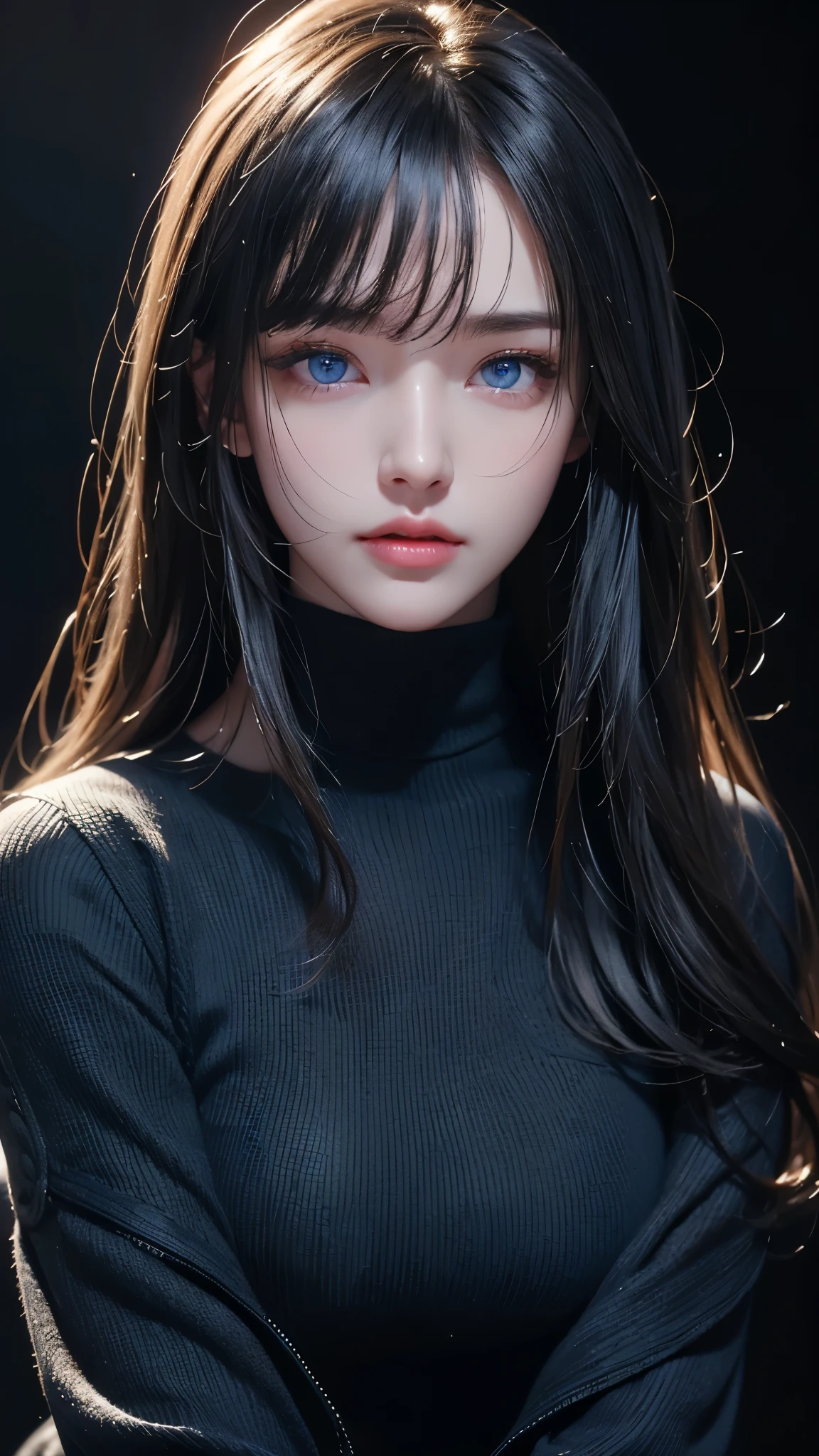 masterpiece, highest quality, Super detailed, Facing the camera, 複雑に詳細なSuper detailed, Realistic, Sharp features, Very detailed, Sharp focus, Perfect Face, Perfect Face, Perfect symmetrical perfect eyes, Perfect Plump Lips, Flexible female form, Cinematic, Film Light, Super detailed, hyper Realistic, masterpiece, Atmospheric, High resolution, Vibrant, Dynamic Studio Lighting, ((Dark Background)), The expression when enduring pleasure, Straight bangs, blue eyes,Black sweater, Cowboy Shot,turtleneck、first round、Sexually aroused expression