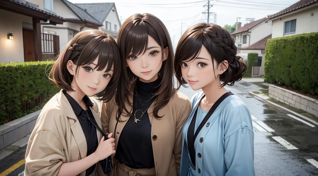 Overlooking the city from a hill、Residential Street、The rainy season is、Cloudy、Summer attire(highest quality:1.2), Super detailed, High resolution, Tabletop:1,2, Vibrant colors, Bokeh, Professional Lighting, Physically Based Rendering, Flat Color:0.8, Fine Illustration, Realistic:1.37, Shinkai Makoto style, Your name style, Light brown hair, Elegant update, Short Bob, Bun hairstyle such as chignon。、long hair,Hang a single-lens camera around your neck、 Laugh together, Dynamic pose, Selfie, Upper body full sister、