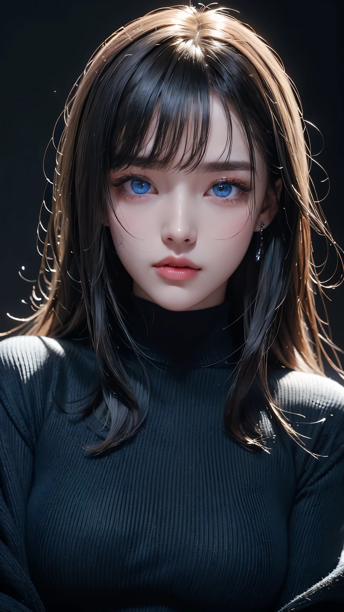 masterpiece, highest quality, Super detailed, Facing the camera, 複雑に詳細なSuper detailed, Realistic, Sharp features, Very detailed, Sharp focus, Perfect Face, Perfect Face, Perfect symmetrical perfect eyes, Perfect Plump Lips, Flexible female form, Cinematic, Film Light, Super detailed, hyper Realistic, masterpiece, Atmospheric, High resolution, Vibrant, Dynamic Studio Lighting, ((Dark Background)), The expression when enduring pleasure, Straight bangs, blue eyes,Black sweater, Cowboy Shot,turtleneck、first round、Sexually aroused expression