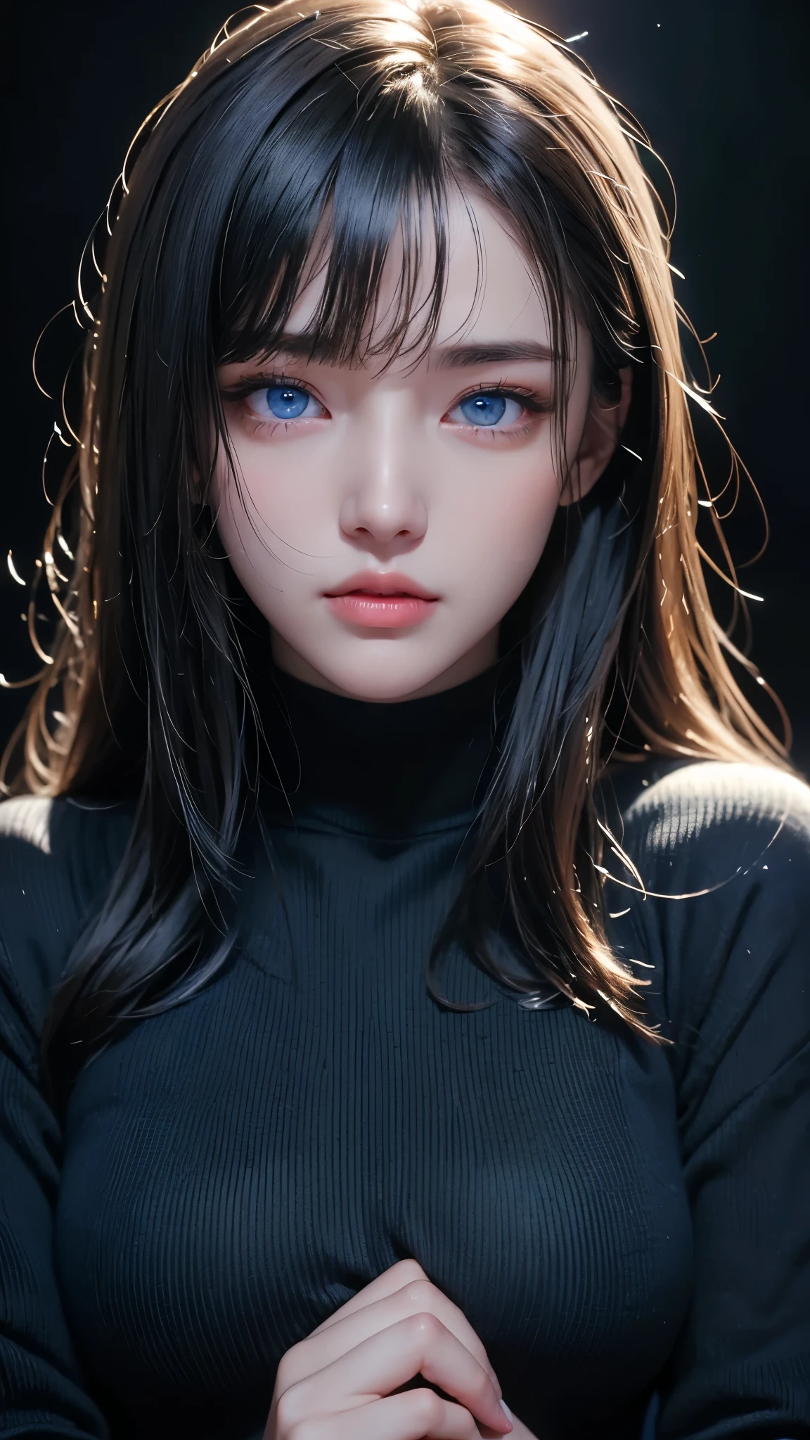 masterpiece, highest quality, Super detailed, Facing the camera, 複雑に詳細なSuper detailed, Realistic, Sharp features, Very detailed, Sharp focus, Perfect Face, Perfect Face, Perfect symmetrical perfect eyes, Perfect Plump Lips, Flexible female form, Cinematic, Film Light, Super detailed, hyper Realistic, masterpiece, Atmospheric, High resolution, Vibrant, Dynamic Studio Lighting, ((Dark Background)), The expression when enduring pleasure, Straight bangs, blue eyes,Black sweater, Cowboy Shot,turtleneck、first round、Sexually aroused expression