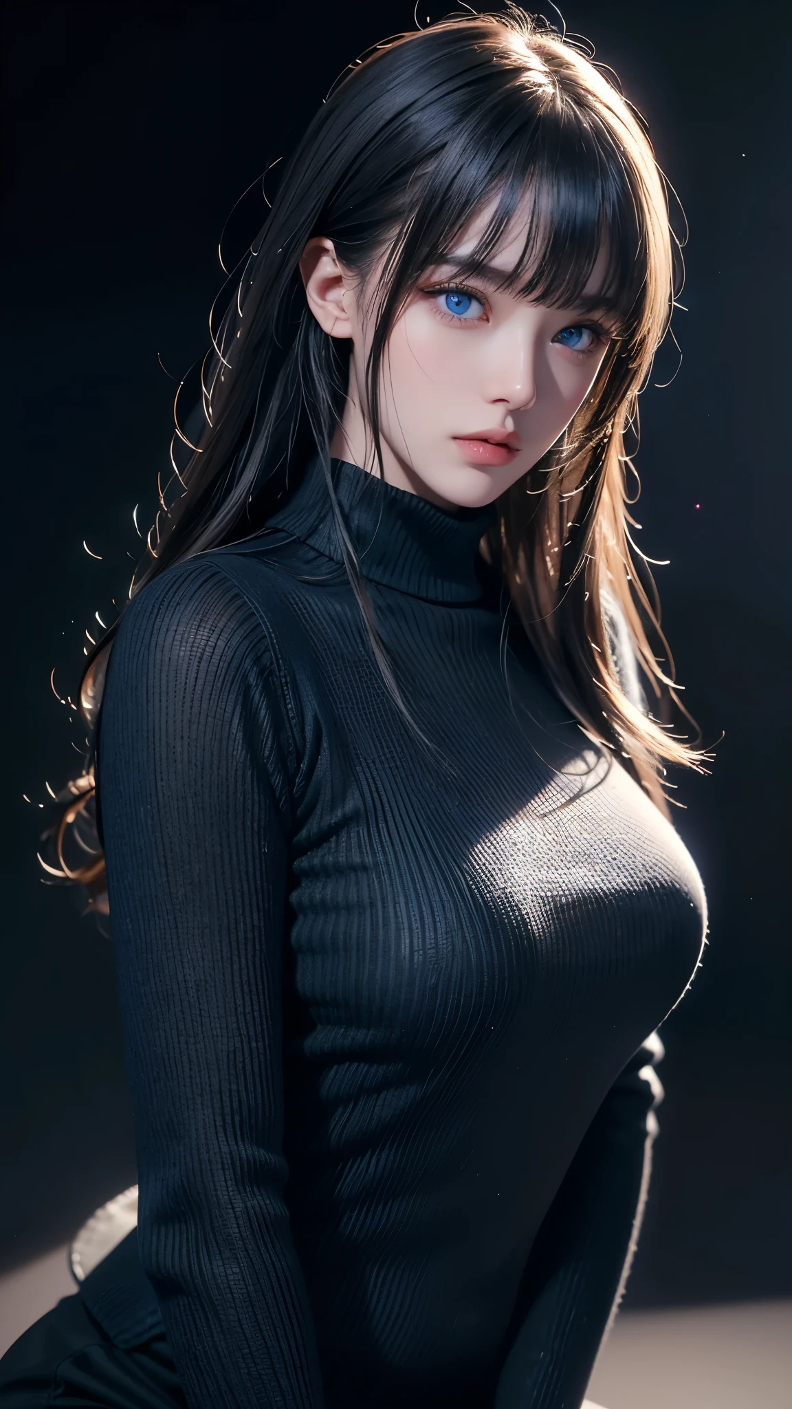 masterpiece, highest quality, Super detailed, Facing the camera, 複雑に詳細なSuper detailed, Realistic, Sharp features, Very detailed, Sharp focus, Perfect Face, Perfect Face, Perfect symmetrical perfect eyes, Perfect Plump Lips, Flexible female form, Cinematic, Film Light, Super detailed, hyper Realistic, masterpiece, Atmospheric, High resolution, Vibrant, Dynamic Studio Lighting, ((Dark Background)), The expression when enduring pleasure, Straight bangs, blue eyes,Black sweater, Cowboy Shot,turtleneck、first round、Sexually aroused expression