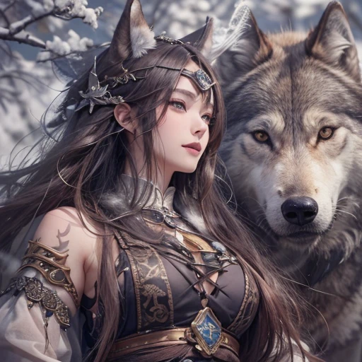 Lakeside surrounded by snowy mountains、Hair flow、 ((highest quality、masterpiece、8k、Best image quality、Ultra-high resolution、Award-winning works)、(Accurate anatomy:1.1)、(Look at me and smile:1.1)、Shining fair skin with Ultra-high resolution、The most detailed face、Ultra-high resolution detailed face、Ultra-high resolutionの髪の毛、(Ultra-high resolutionの煌めく瞳:1.1)、Beautiful face drawn in every detail、Ancient Viking clothing, Chest to chest, tattoo, A real wolf is by your side