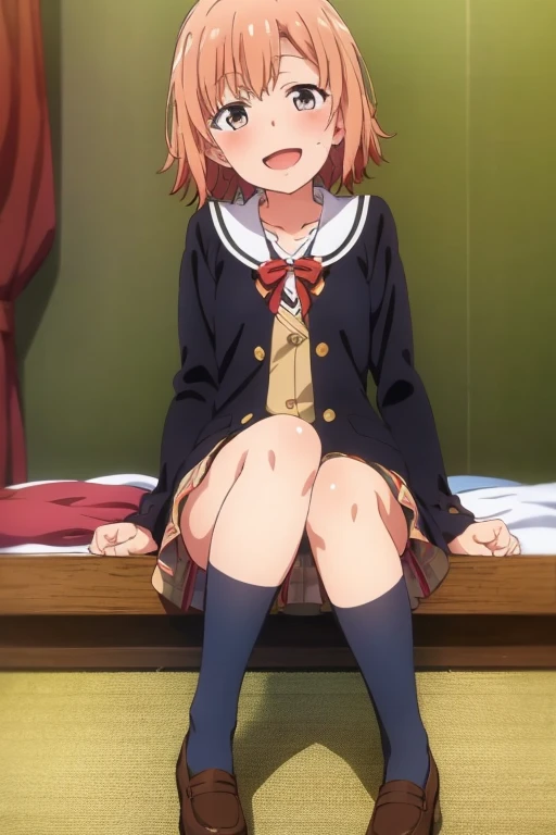 ((highest quality)), ((masterpiece)), (be familiar with), Perfect Face, indoor, Bedroom, Watching the audience,
One woman, Yuigahama Yui,
Open Mouth, Ecstatic expression, blush, smile,
Small breasts, Flat Chest, Young Girl, , , Girl,
Short Hair, Salmon-colored hair, Salmon-colored eyes, Side Pony,
Leg spread,