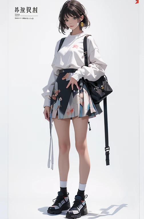 Illustration of a girl wearing for school, a short skirt, high tecnorogy, hand bag, school satchel, Full body character sheet, Full body illustration, behance hd, Full body painting, Detailed full body concept, Official character illustration((()),((night)),fashion model pose