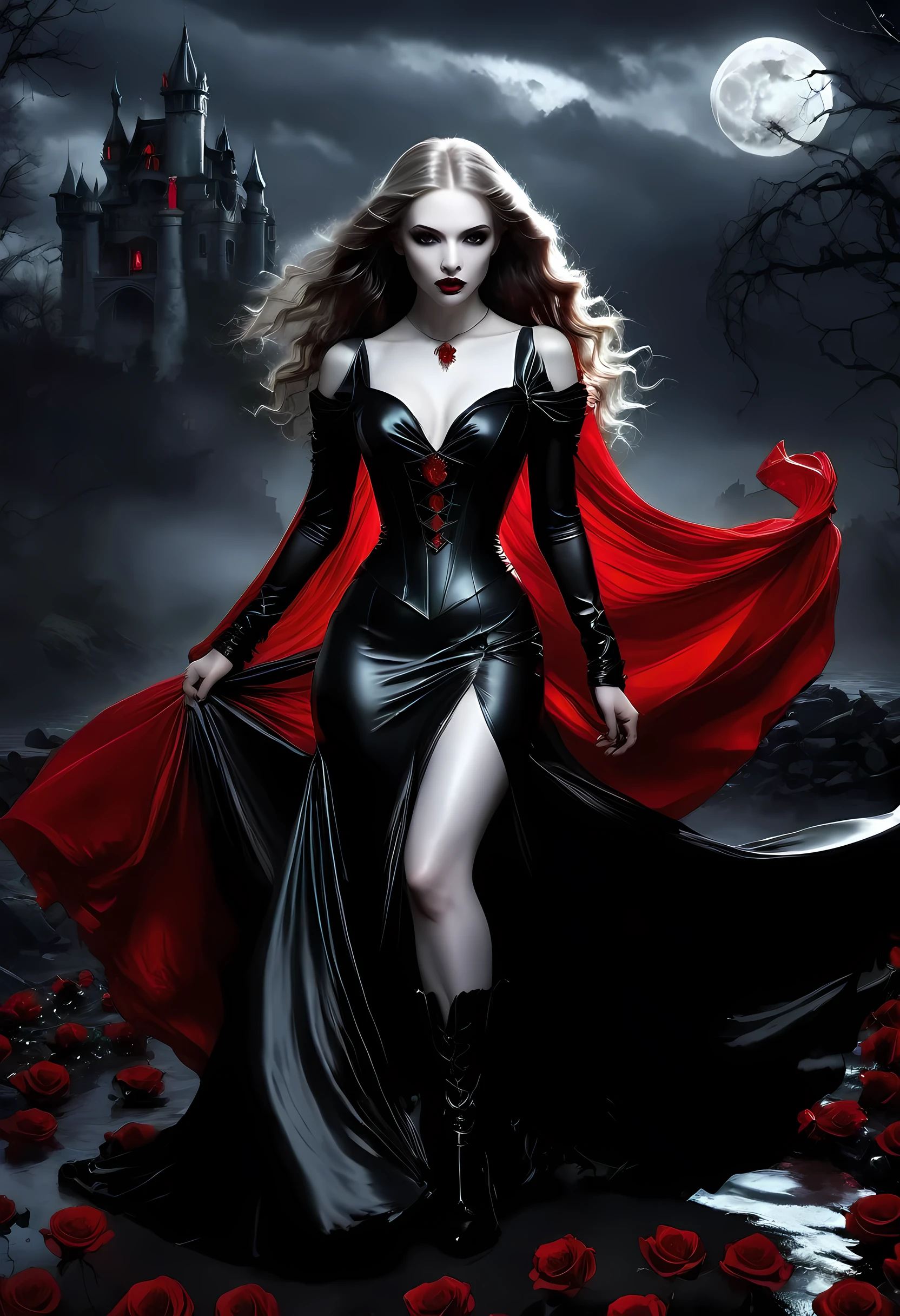 Dark fantasy art, fantasy art, goth art, a picture of a female vampire, exquisite beauty, full body shot, dark glamour shot, pale white skin, dark blond hair, long hair, wavy hair, (glowing grey: 1.3) eyes, she wears a (red: 1.3) red dress, ArmoredDress, entwined with (black: 1.4) black roses betmd, high heells, dark castle porchm, dark, black and color