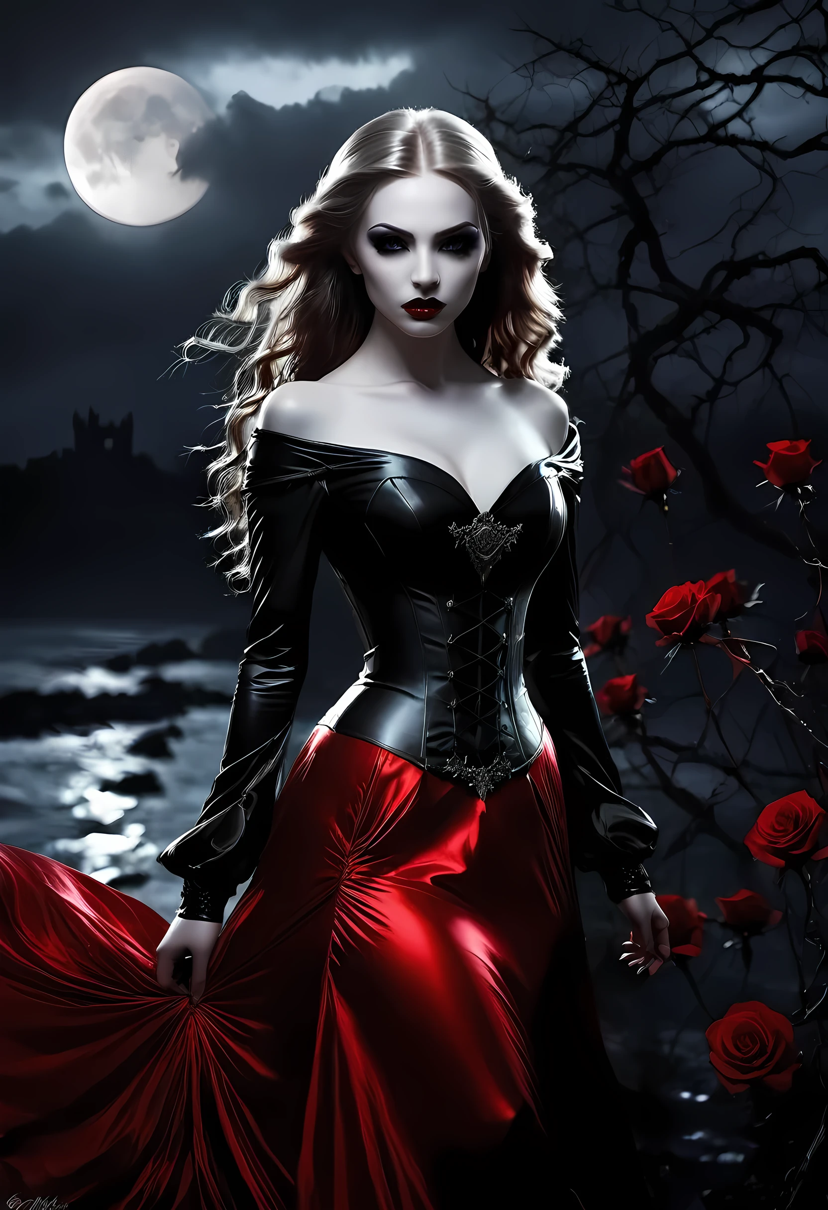 Dark fantasy art, fantasy art, goth art,  a picture of a female vampire, exquisite beauty, full body shot, dark glamour shot,  pale white skin, dark blond hair, long hair, wavy hair, (glowing grey: 1.3) eyes,  she  wears a (red: 1.3) red dress, ArmoredDress, entwined with (black: 1.4)  black roses betmd, high heells, dark castle porchm, dark, black and color