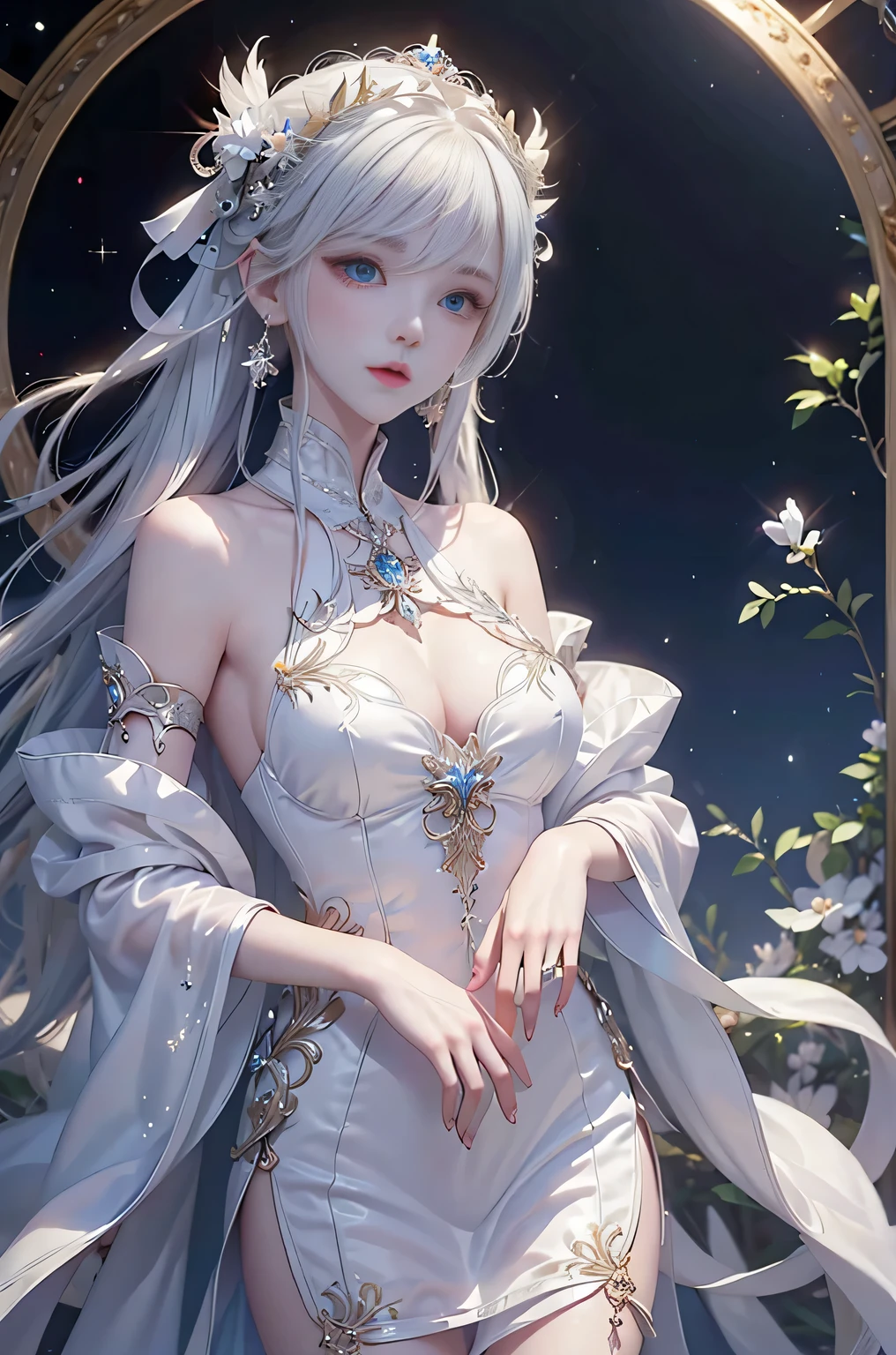 Night view,star,(White Haired Girl:1.5),((masterpiece))、(Backlight)(A fantastic atmosphere、Ancient capital、Amazing beauty images,((1girl))、white dust、Suspended particles), ((Black Dress:1.4、Long dress with sleeves、Exposing shoulders、Off the shoulder))、(Gray hair that changes with light、length, Lustrous white hair、WHITE hair fluttering in the wind、Beautiful Bangs)、(Beautiful white and shining skin、Cheek gloss highlighter、Sexy and very beautiful and adorable face、The most beautiful face in the world、Big bright blue eyes)、(pretty girl、small beautiful breasts、Great cleavage、Delicate shoulders、Ideal body type)(Close-up image from chest up:1.4)(Model-like pose)