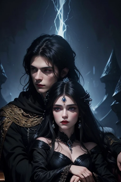 name: "Unity in Darkness"
material: oil on canvas Size: 80x120 cm Idea: This portrait depicts two dark lords, ruling their kingdoms together. Woman, Mistress of Darkness, sits on his throne, her black hair falls in dark waves, and blue eyes sparkle with cold fire. Her husband is standing next to her, also domineering and powerful, with black hair and deep, intense eyes. Both are dressed in luxurious, dark clothes, decorated with precious stones and symbols of power. They look at each other with mutual respect and commanding awe, ready to support and protect each other in all trials. The background is made in mystical dark colors, emphasizing their power and influence.