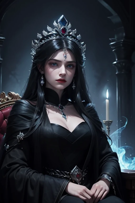 name: "Unity in Darkness"
material: oil on canvas Size: 80x120 cm Idea: This portrait depicts two dark lords, ruling their kingdoms together. Woman, Mistress of Darkness, sits on his throne, her black hair falls in dark waves, and blue eyes sparkle with cold fire. Her husband is standing next to her, also domineering and powerful, with black hair and deep, intense eyes. Both are dressed in luxurious, dark clothes, decorated with precious stones and symbols of power. They look at each other with mutual respect and commanding awe, ready to support and protect each other in all trials. The background is made in mystical dark colors, emphasizing their power and influence.