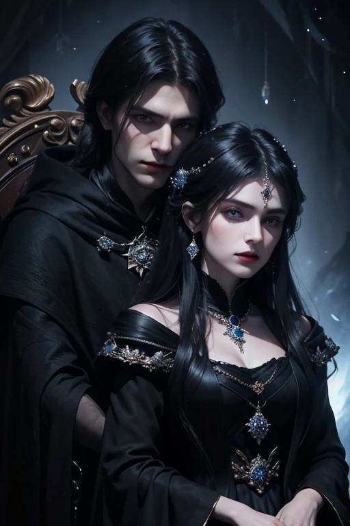 name: "Unity in Darkness"
material: oil on canvas Size: 80x120 cm Idea: This portrait depicts two dark lords, ruling their kingdoms together. Woman, Mistress of Darkness, sits on his throne, her black hair falls in dark waves, and blue eyes sparkle with cold fire. Her husband is standing next to her, also domineering and powerful, with black hair and deep, intense eyes. Both are dressed in luxurious, dark clothes, decorated with precious stones and symbols of power. They look at each other with mutual respect and commanding awe, ready to support and protect each other in all trials. The background is made in mystical dark colors, emphasizing their power and influence.