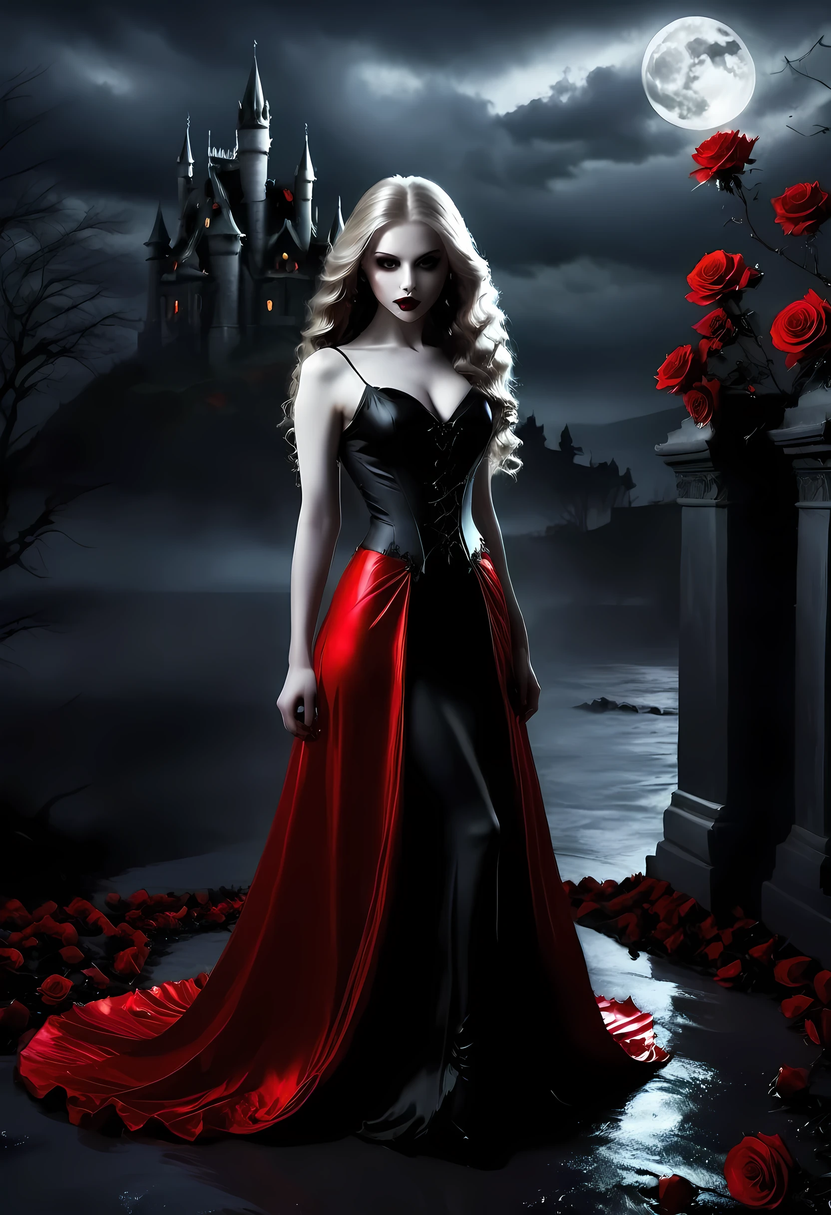 Dark fantasy art, fantasy art, goth art,  a picture of a female vampire, exquisite beauty, full body shot, dark glamour shot,  pale white skin, dark blond hair, long hair, wavy hair, (glowing grey: 1.3) eyes,  she  wears a (red: 1.3) red dress, ArmoredDress, entwined with (black: 1.4)  black roses betmd, high heells, dark castle porchm, dark, black and color