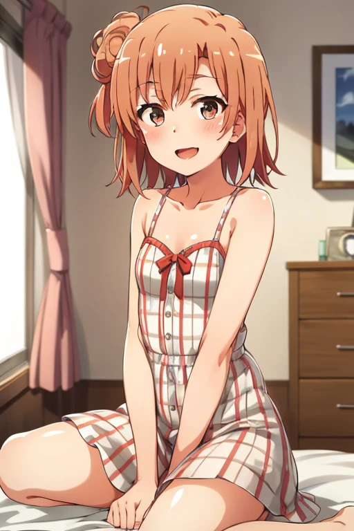 ((highest quality)), ((masterpiece)), (be familiar with), Perfect Face, indoor, Bedroom, Watching the audience,
One woman, Yuigahama Yui,
Open Mouth, Ecstatic expression, blush, smile,
Small breasts, Flat Chest, Young Girl, , , Girl,
Short Hair, Salmon-colored hair, Salmon-colored eyes, Side Pony,
Leg spread,