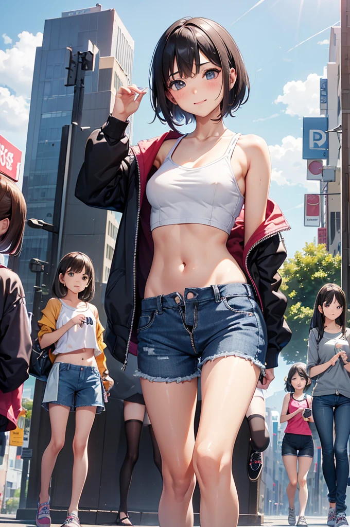 Realism: 0.8), 6+ girls, ( girls: 1.4), neat and clean gals, (flat breasts: 1.4), (cheeky smiles: 1.1), (swag: 1.1), camisole, mesh (tank top: 0.9), (tube top: 1.1), T-shirt, off-shoulder crop top, mini skirt, sneakers, sandals, (denim: 0.9), (shorts: 0.9), Compression Shorts, (Parker: 1.1), (Track Jacket: 1.1), (Windbreaker: 1.1), (Jeans Jacket: 1.1), (Unzip: 1.2), Open Front, Aeon Shopping
