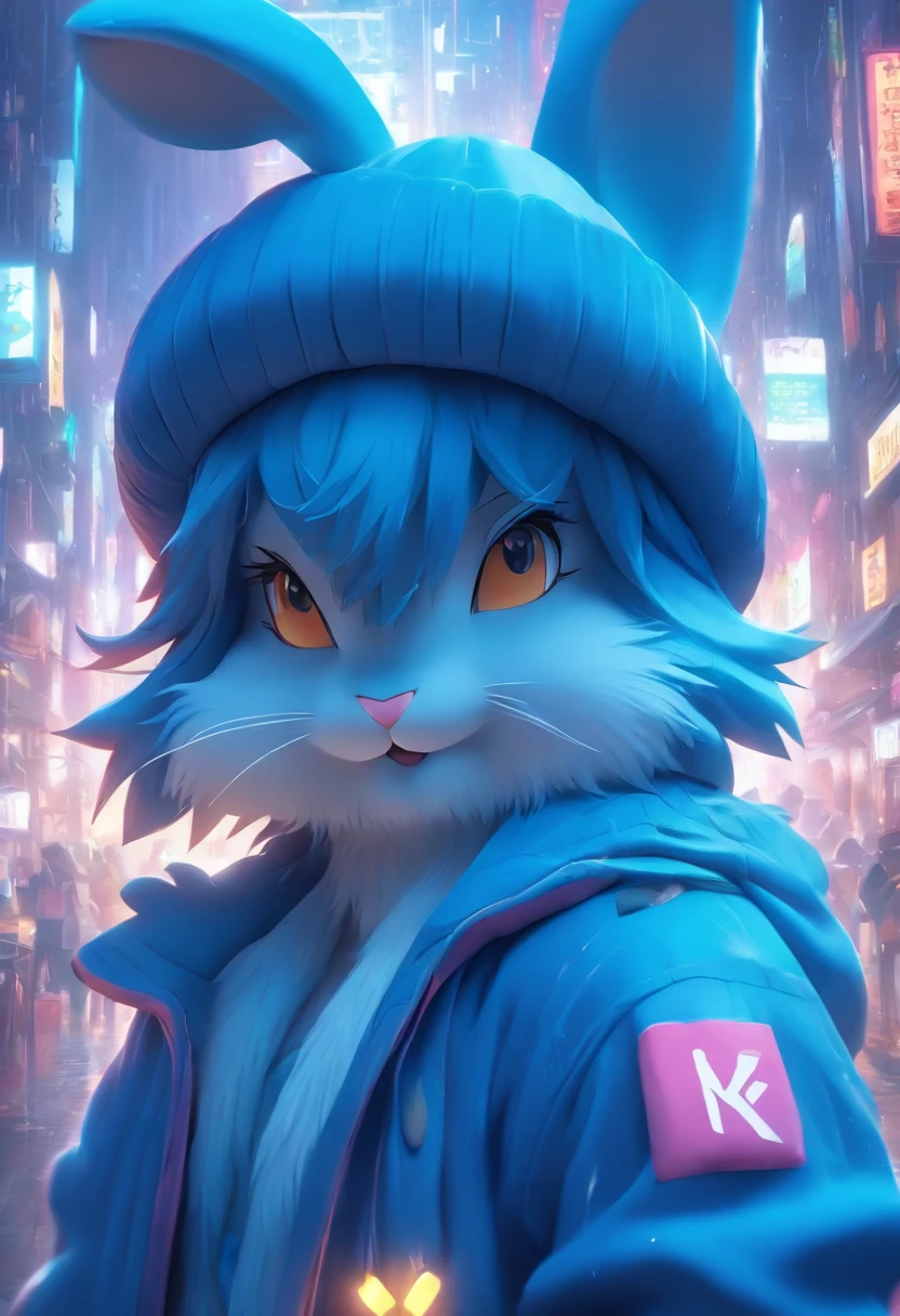3d bunny wearing a blue hat and blue coat,