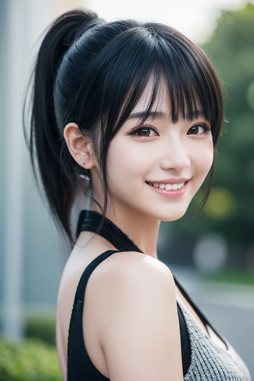 black hair, short ponytail, smile, anime style, Verism, depth of field, UHD, textured skin, masterpiece, best quality