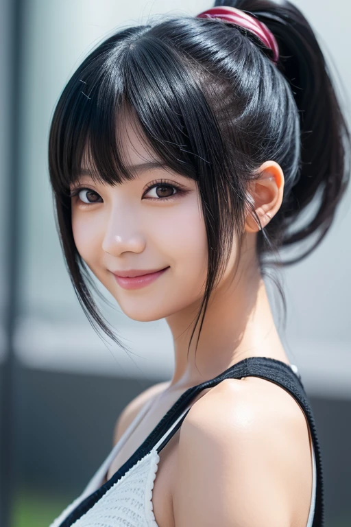 black hair, short ponytail, smile, anime style, Verism, depth of field, UHD, textured skin, masterpiece, best quality
