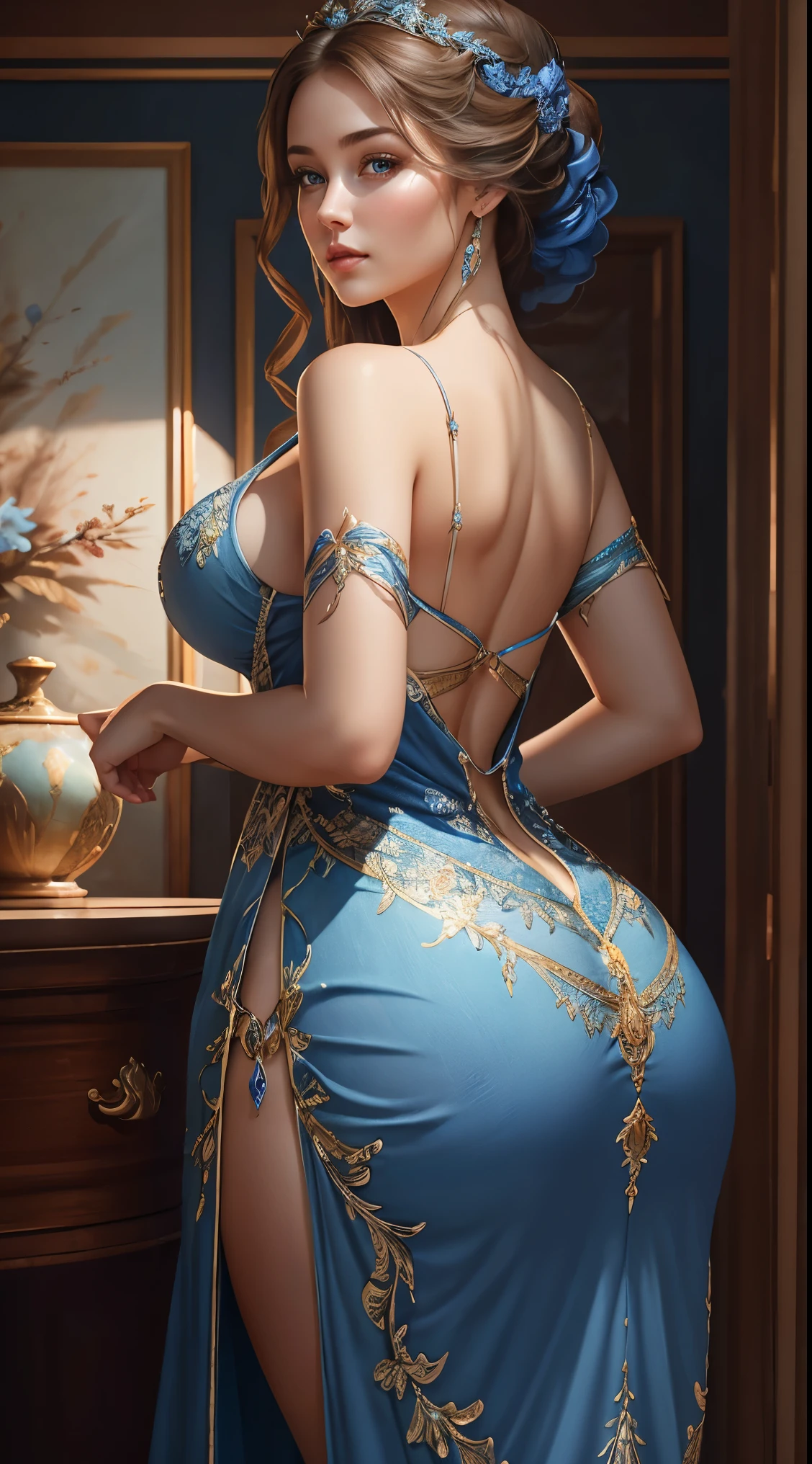 (blue long dress, highly detailed and realistic dress, realistic nature, curvaceous and  body) [exquisite brushwork, stunning colors, soft lighting, serene atmosphere], (((big ass)))
