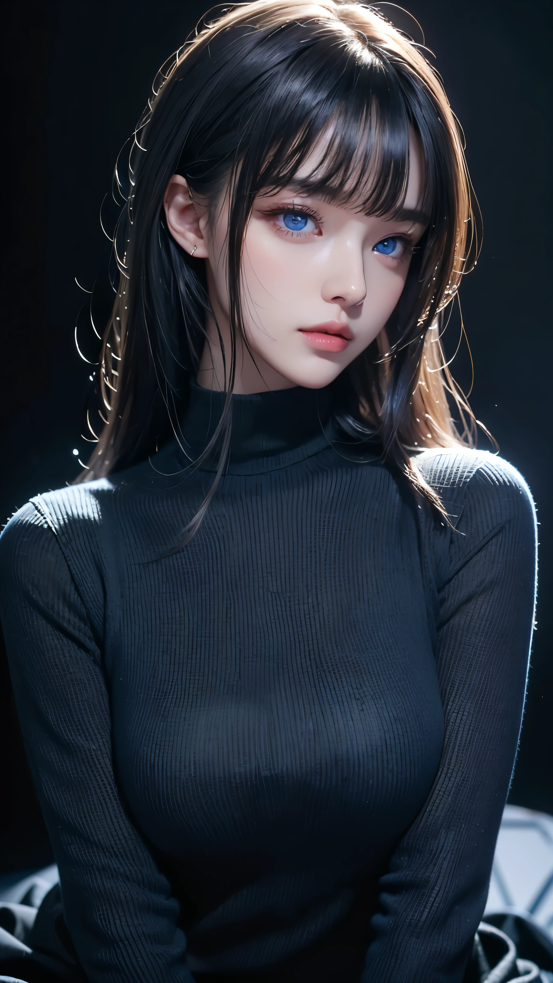 masterpiece, highest quality, Super detailed, Facing the camera, Super detailed, Realistic, Sharp features, Very detailed, Sharp focus, Perfect Face, Perfect Face, Perfect symmetrical perfect eyes, Perfect Plump Lips, Flexible female form, Cinematic, Film Light, Super detailed, hyper Realistic, masterpiece, Atmospheric, High resolution, Vibrant, Dynamic Studio Lighting, ((Dark Background)), The expression when enduring pleasure, Straight bangs, blue eyes,Black sweater, Cowboy Shot,turtleneck、first round、Sexually aroused expression