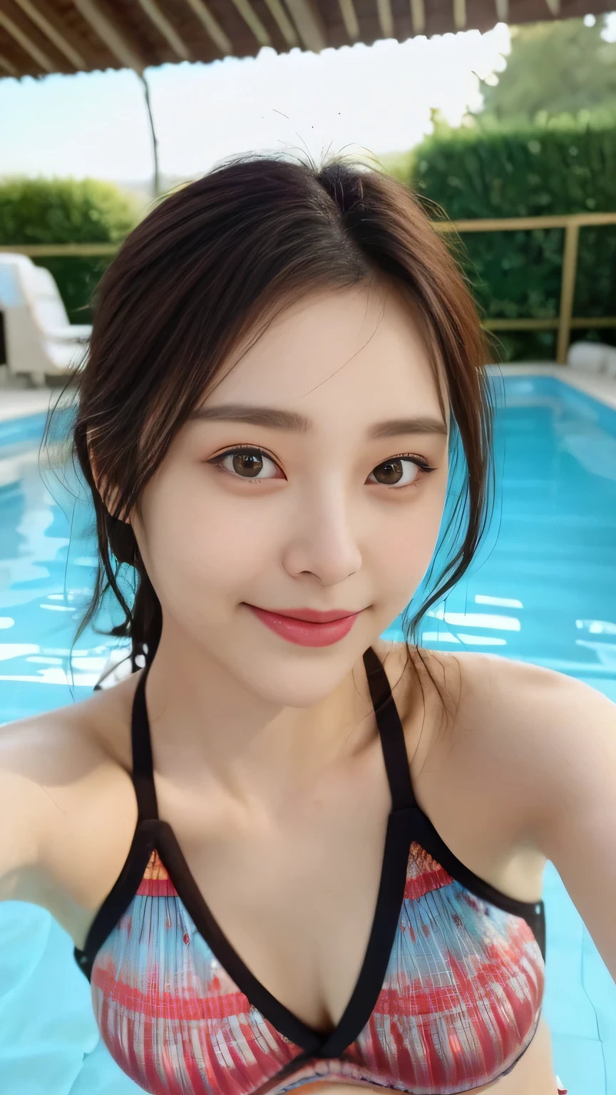 seed:342747055.Full body camera angle、((highest quality, 8K, masterpiece:1.3)), concentrated:1.2, Perfect body beauty:1.4, Hips:1.2, ((Delicate Hair)), (Colorful swimsuits、bikini、 :1.1) , ((highest quality、8K、masterpiece:1.3))、1 Girl、A sloppy smile、Esbian all over、Slim face、Big 、Beautiful woman、(Dark Brown Hair)、Flickering Valley、Detailed eyes、double eyelid、Blurred Background、超Slim face、Looking down、Indoor heated pool、Hair is wet、