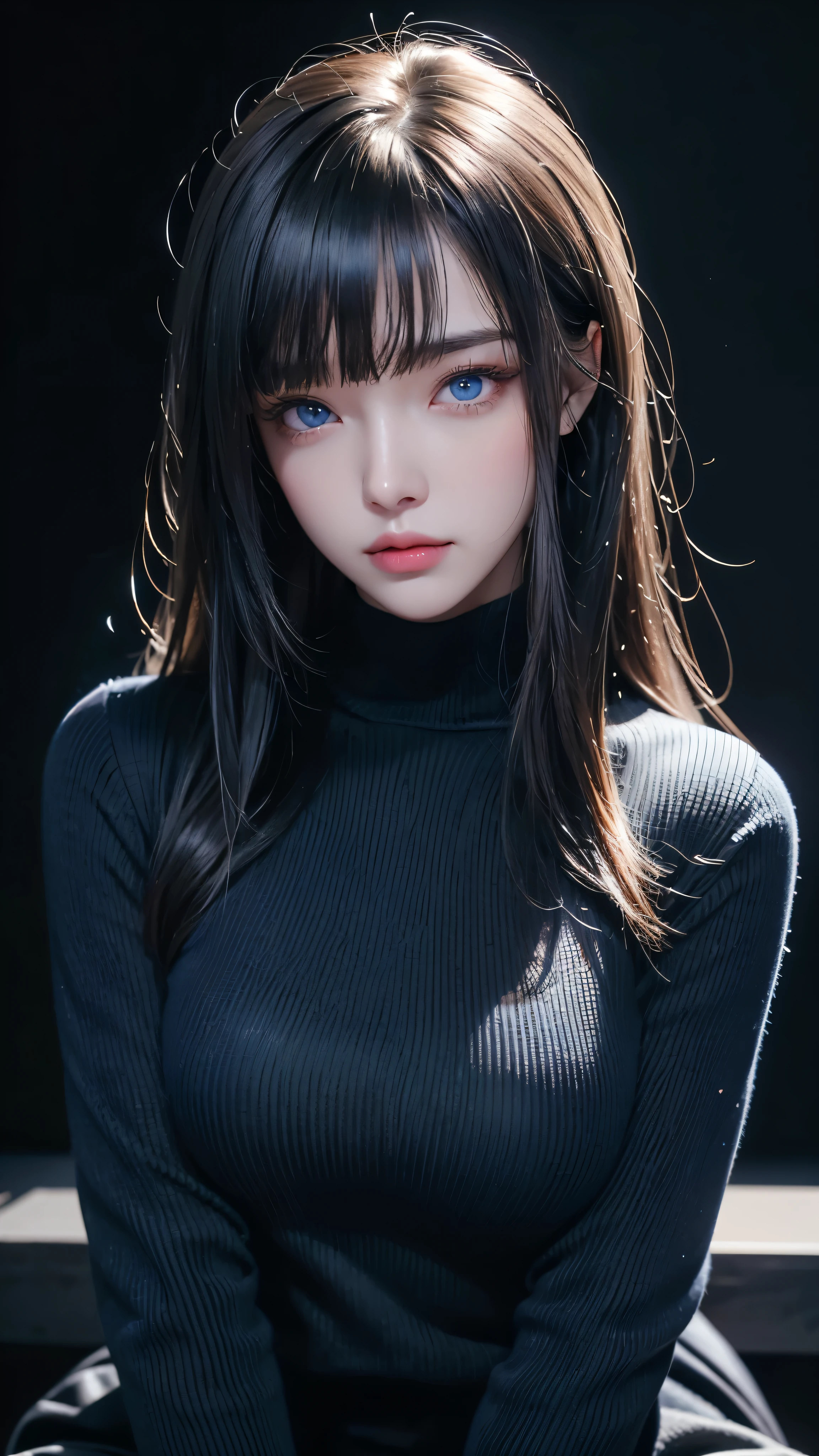 masterpiece, highest quality, Super detailed, Facing the camera, Super detailed, Realistic, Sharp features, Very detailed, Sharp focus, Perfect Face, Perfect Face, Perfect symmetrical perfect eyes, Perfect Plump Lips, Flexible female form, Cinematic, Film Light, Super detailed, hyper Realistic, masterpiece, Atmospheric, High resolution, Vibrant, Dynamic Studio Lighting, ((Dark Background)), The expression when enduring pleasure, Straight bangs, blue eyes,Black sweater, Cowboy Shot,turtleneck、first round、Sexually aroused expression
