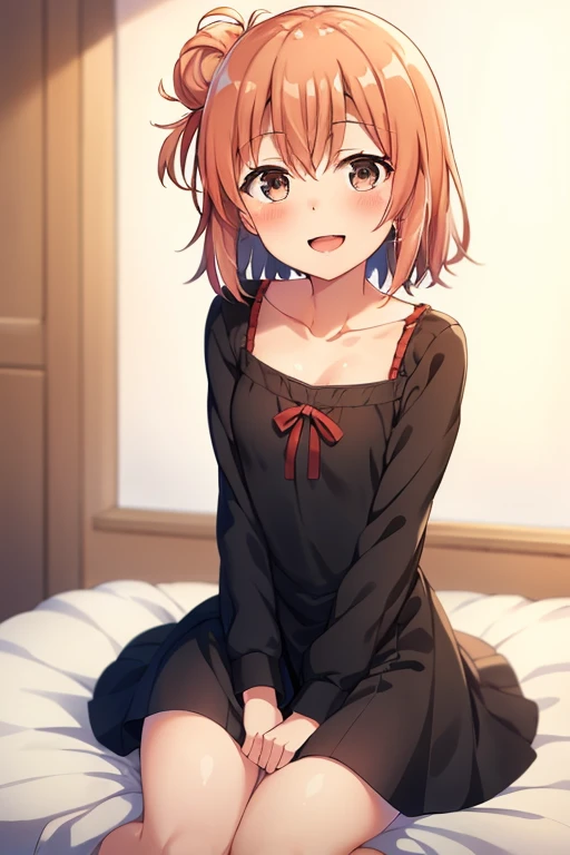 ((highest quality)), ((masterpiece)), (be familiar with), Perfect Face, indoor, Bedroom, Watching the audience,
One woman, Yuigahama Yui,
Open Mouth, Ecstatic expression, blush, smile,
Small breasts, Flat Chest, Young Girl, , , Girl,
Short Hair, Salmon-colored hair, Salmon-colored eyes, Side Pony,
Leg spread,