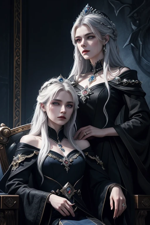 name: "Unity in Darkness"
material: oil on canvas Size: 80x120 cm Idea: This portrait depicts two dark lords, ruling their kingdoms together. Woman, Mistress of Darkness, sits on his throne, her silver hair falls in dark waves, and blue eyes sparkle with cold fire. Her husband is standing next to her, also domineering and powerful, with black hair and deep, intense eyes. Both are dressed in luxurious, dark clothes, decorated with precious stones and symbols of power. They look at each other with mutual respect and commanding awe, ready to support and protect each other in all trials. The background is made in mystical dark colors, emphasizing their power and influence.