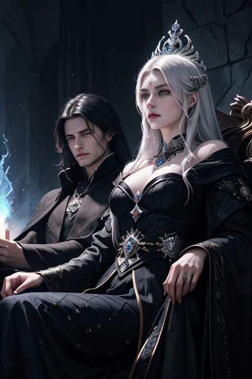 name: "Unity in Darkness"
material: oil on canvas Size: 80x120 cm Idea: This portrait depicts two dark lords, ruling their kingdoms together. Woman, Mistress of Darkness, sits on his throne, her silver hair falls in dark waves, and blue eyes sparkle with cold fire. Her husband is standing next to her, also domineering and powerful, with black hair and deep, intense eyes. Both are dressed in luxurious, dark clothes, decorated with precious stones and symbols of power. They look at each other with mutual respect and commanding awe, ready to support and protect each other in all trials. The background is made in mystical dark colors, emphasizing their power and influence.