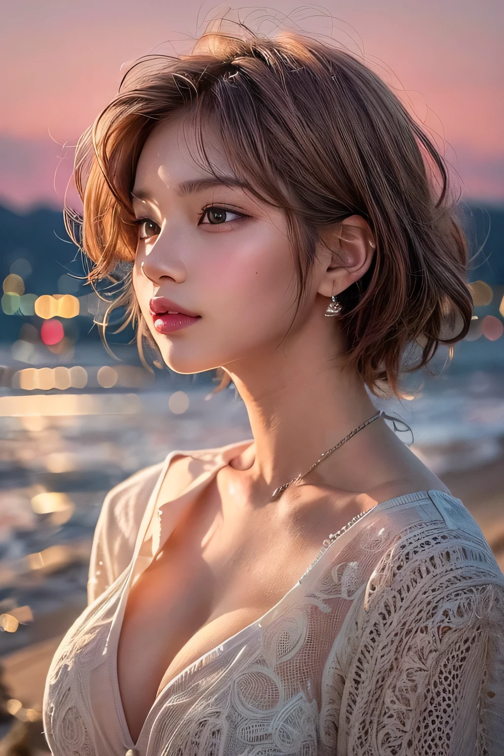 masterpiece, 1 Beautiful girl, Fine grain, highest quality, Ultra High resolution, (reality: 1.4), Cinema Lighting, Beautiful Skin, (Ultra-realistic), (High resolution), (8k), (Very detailed), ( Best illustrations), Pouting slightly, (Crystal colorful lights), Extremely refined and beautiful, beautiful detailed eyes, Round eyes, detailed facial features, (Round pupils:1.4), (alluring face), Smiling lips, (Medium breasts:1.3), A shallow smile, Open lips, (Beautiful and detailed face, Beautiful and delicate eyes), pink cheek, mascara, brown hair, short hair, (Walking by the seaside:1.3), (full body:1.3), wearing a bikini, night, off shoulder,