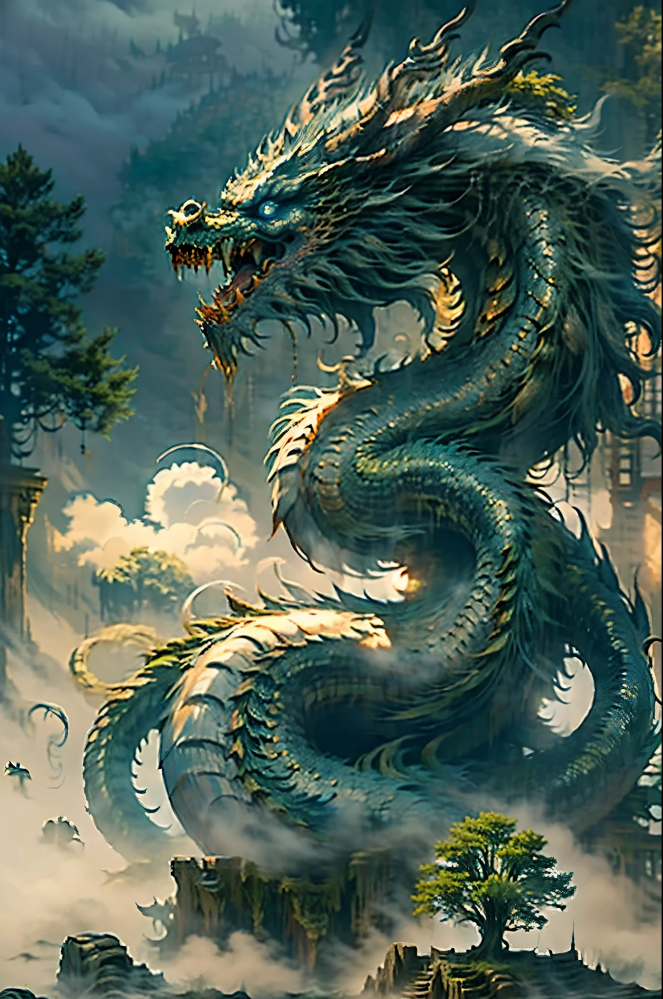 Best quality,masterpiece,ultra high res,nu no humans, (long:1.2),tree, teeth, sharp teeth, blue eyes, cloud, outdoors, 1other, fantasy, horns, sky, fog, open mouth, monster, scenery