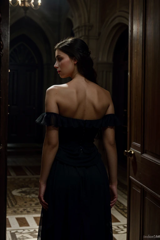 beautiful detailed eyes, beautiful detailed lips, extremely detailed eyes and face, long eyelashes, 1girl, back view, looking away, shoulders, waist, slim figure, elegant, graceful, sensual, atmospheric lighting, cinematic lighting, dramatic lighting, dramatic contrast, moody, mysterious, cinematic, elegant dress, flowing dress, high quality, detailed, hyper realistic, photorealistic, 8k, highly detailed, masterpiece, concept art, fantasy art, dark fantasy