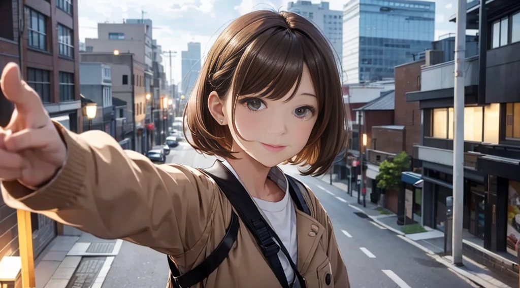 Overlooking the city from a hill、Residential Street、Cloudy、Time is night、Summer attire(highest quality:1.2), Super detailed, High resolution, Tabletop:1,2, Vibrant colors, Bokeh, Professional Lighting, Physically Based Rendering, Flat Color:0.8, Fine Illustration, Realistic:1.37, Shinkai Makoto style, Your name style, Light brown hair, Elegant update, Short Bob, Bun hairstyle such as chignon。、long hair,Hang a single-lens camera around your neck、 Laugh together, Dynamic pose, Selfie, Upper body full sister、