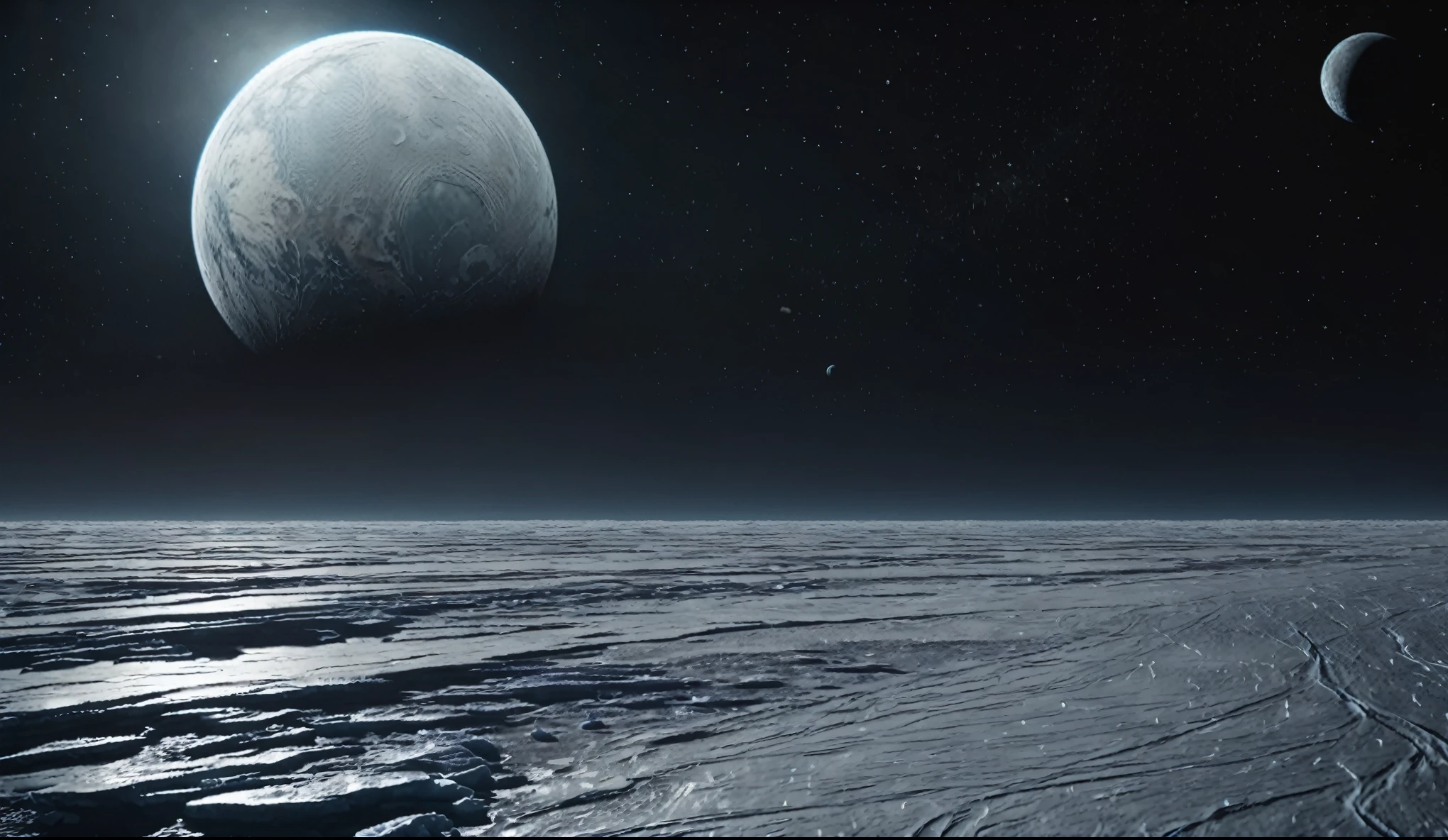 A distant view of the planet icy surface, the horizon is lit by an alien moon, the sky above the ice sheet is dark and starless, the scene should be cold with an eerie atmosphere, high resolution,Cinemagraph,,Super detailed,((highest quality)), Ultra-high resolution, (Realistic:1.4),Intricate details