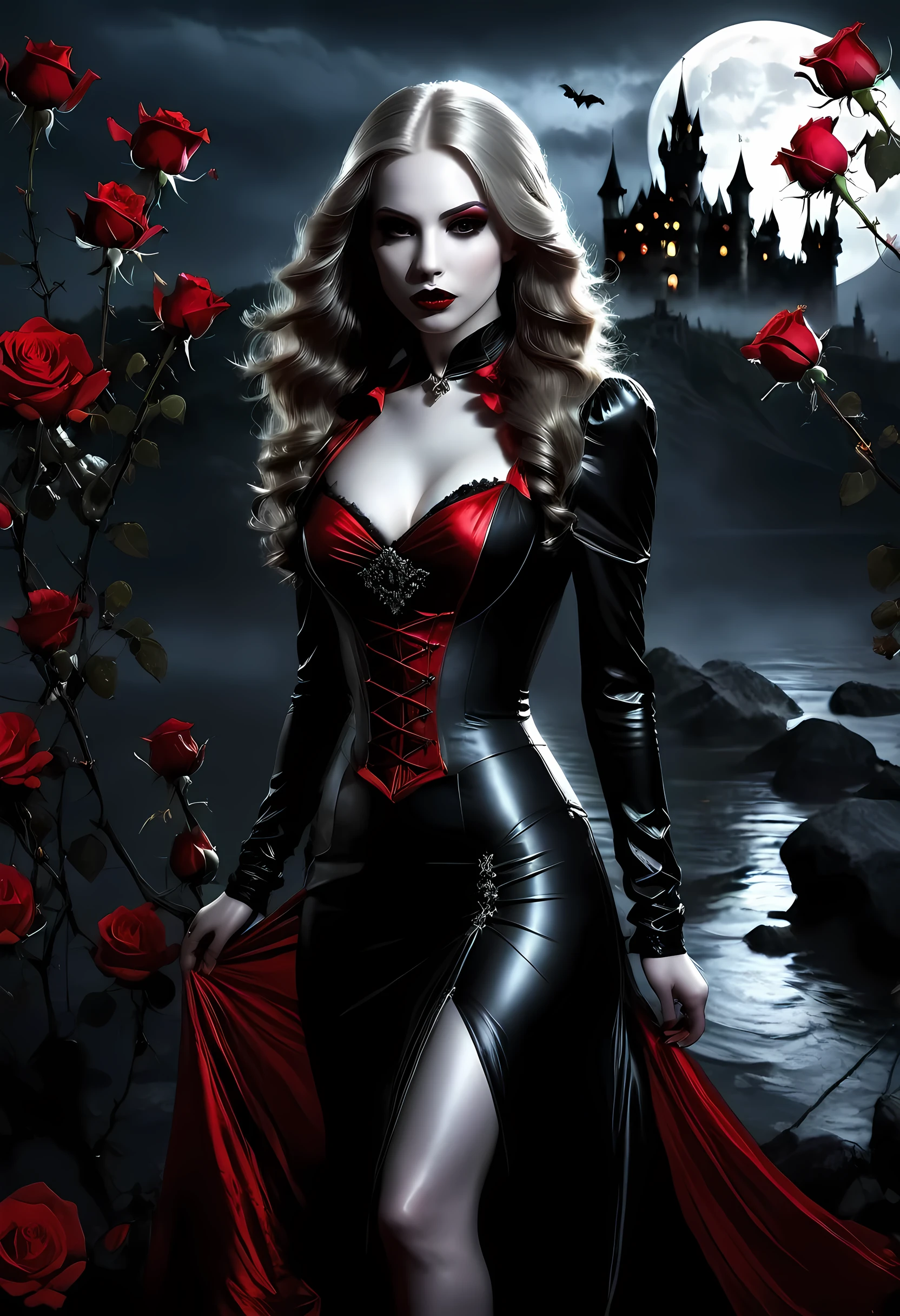 Dark fantasy art, fantasy art, goth art,  a picture of a female vampire, exquisite beauty, full body shot, dark glamour shot,  pale white skin, dark blond hair, long hair, wavy hair, (glowing grey: 1.3) eyes,  she  wears a (red: 1.3) red dress, ArmoredDress, the roses are imprinted on the dress (black: 1.4)  black roses betmd, high heells, dark castle porchm, dark, black and color