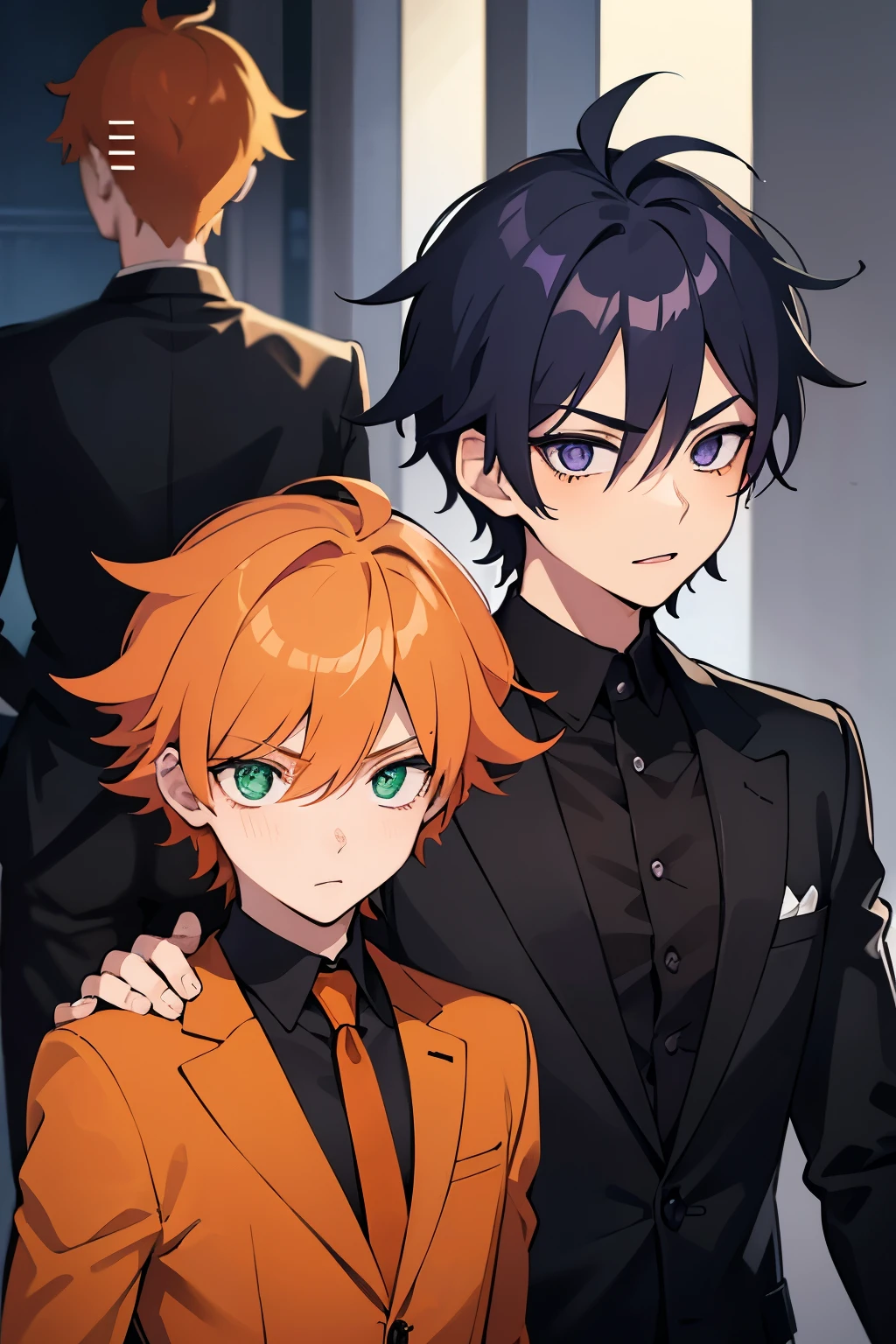 2boys, anime boy, orange haired boy with purple eyes facing back, another boy with black hair and green eyes facing front behind the orange haired boy with a sinister expression, both are wearing black suits, orange haired boy with purple eyes, black hair boy with green eyes, behind, facing back, turned around, 