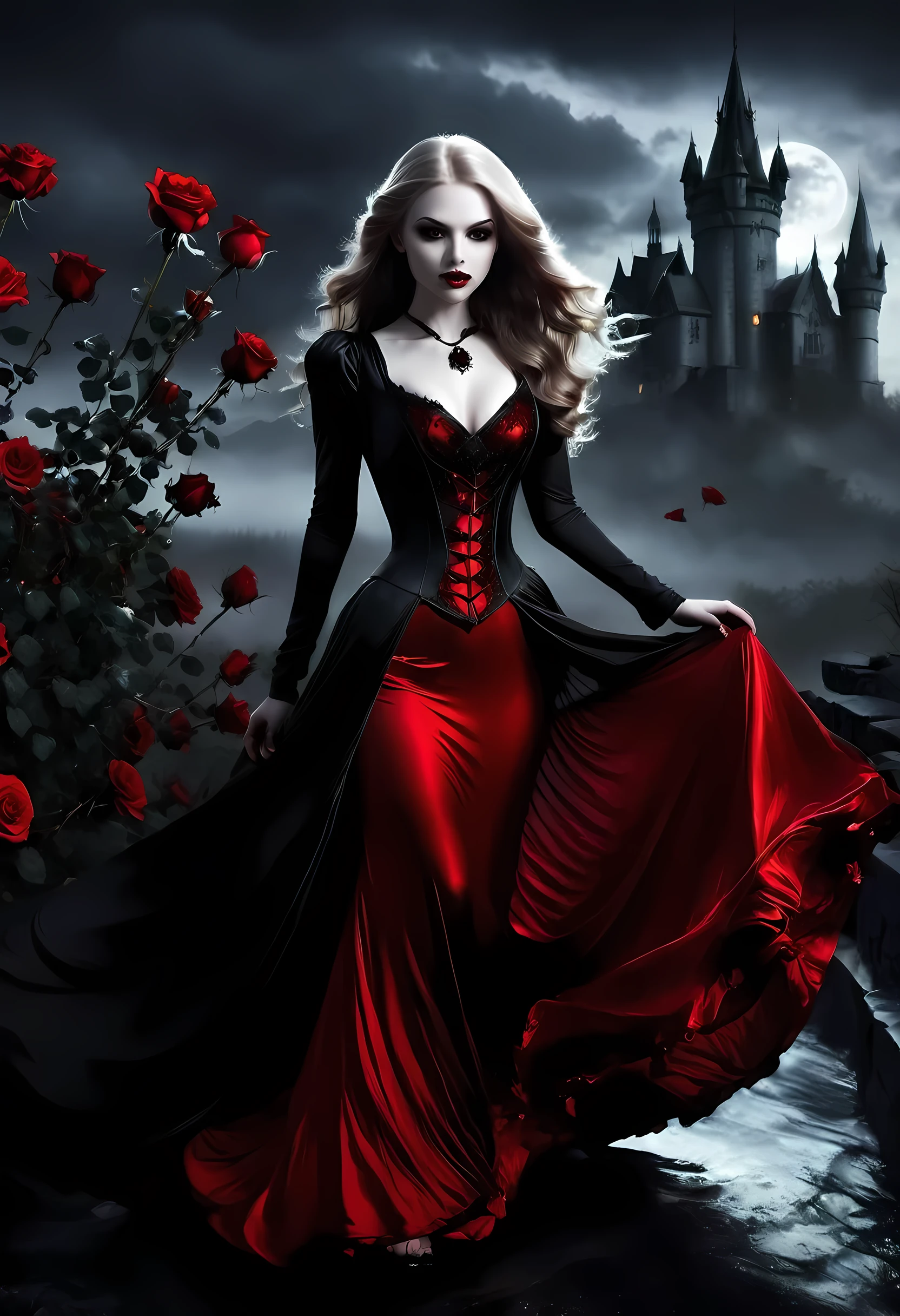 Dark fantasy art, fantasy art, goth art,  a picture of a female vampire, exquisite beauty, full body shot, dark glamour shot,  pale white skin, dark blond hair, long hair, wavy hair, (glowing grey: 1.3) eyes,  she  wears a (red: 1.3) red dress, ArmoredDress, the roses are imprinted on the dress (black: 1.4)  black roses betmd, high heells, dark castle porchm, dark, black and color