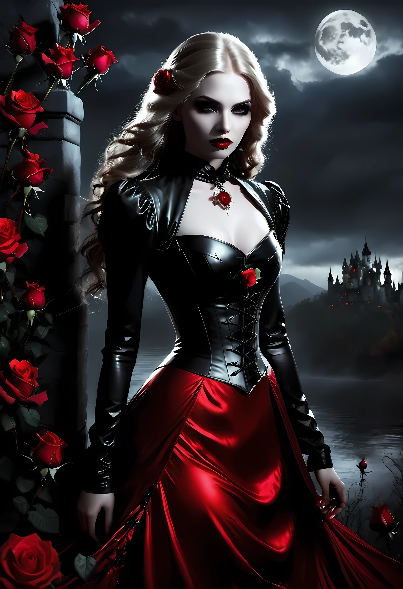 Dark fantasy art, fantasy art, goth art,  a picture of a female vampire, exquisite beauty, full body shot, dark glamour shot,  pale white skin, dark blond hair, long hair, wavy hair, (glowing grey: 1.3) eyes,  she  wears a (red: 1.3) red dress, ArmoredDress, the roses are imprinted on the dress (black: 1.4)  black roses betmd, high heells, dark castle porchm, dark, black and color