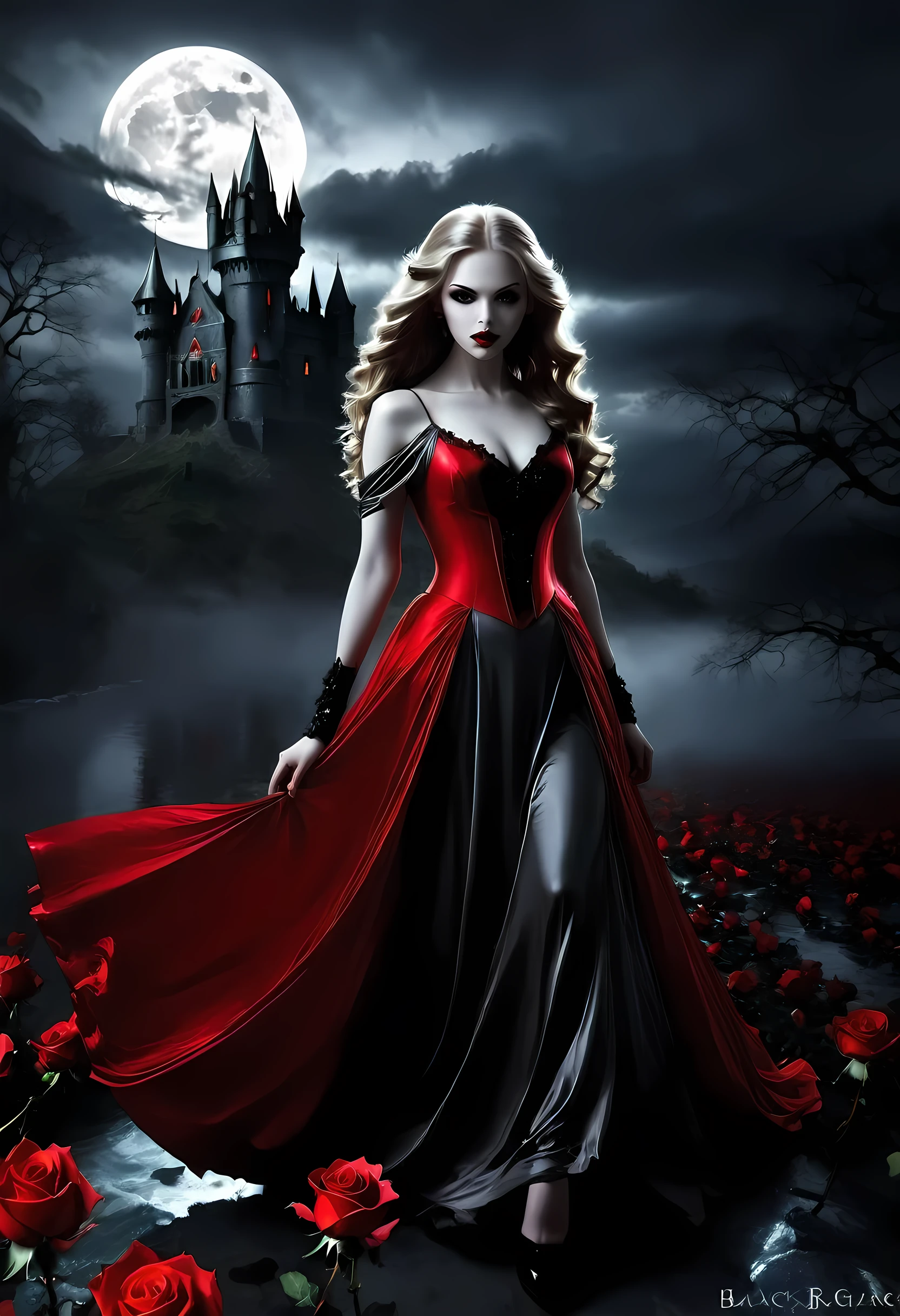 Dark fantasy art, fantasy art, goth art,  a picture of a female vampire, exquisite beauty, full body shot, dark glamour shot,  pale white skin, dark blond hair, long hair, wavy hair, (glowing grey: 1.3) eyes,  she  wears a (red: 1.3) red dress, ArmoredDress, the roses are imprinted on the dress (black: 1.4)  black roses betmd, high heells, dark castle porchm, dark, black and color