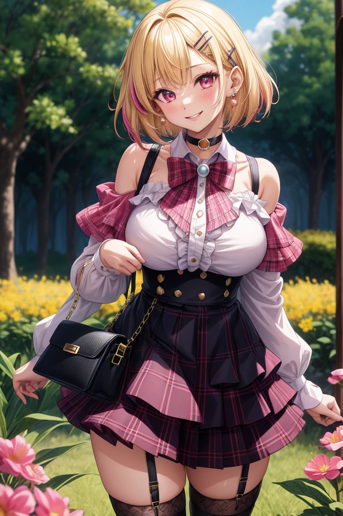 1girl, solo, blonde hair, scene hair, hair clips, pink streaks, streaky hair, short hair, off shoulder shirt, outdoors, flower field, forest, beautiful sky, plants, jirai kei, bare shoulder, microskirt, plaid skirt, garter belt, earrings, thick lips, pink eyes, layered hair, huge breasts, long sleeves, thick thighs, (anime:1.2), blunt bang, eye makeup, choker, bowtie, standing, handbag, pearl earrings, cowboy shot, head tilt, smile,