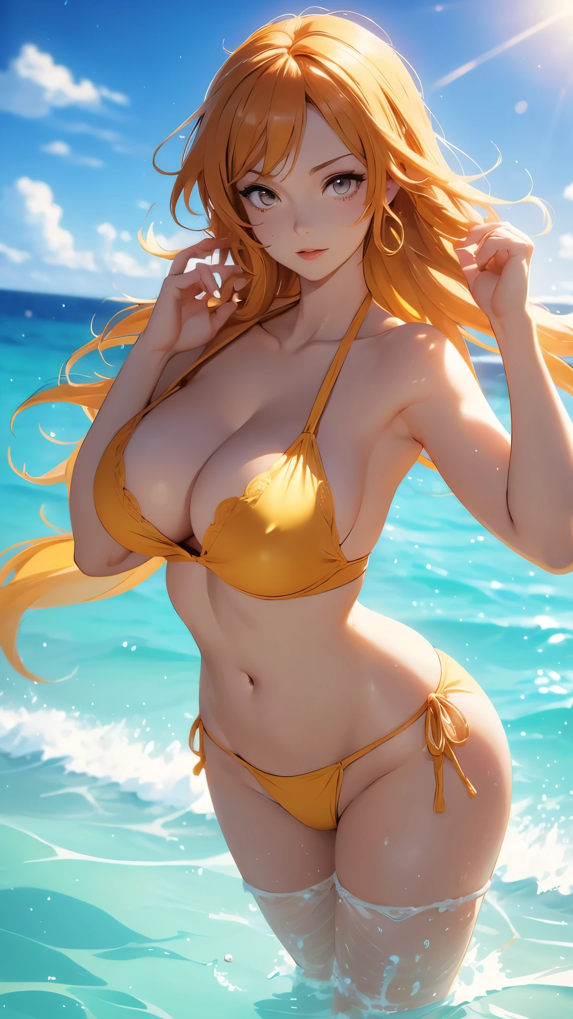 Nami de One Piece, nue (huge tits), brown skin, yeux jaune, Haut du corps, abdos, symmetrical round breasts, deserted beach, gros seins, gigantesque seins, 4K ultra UHD, mains parfaites, cing doigts, yeux parfaits, bikini dentelle rouge