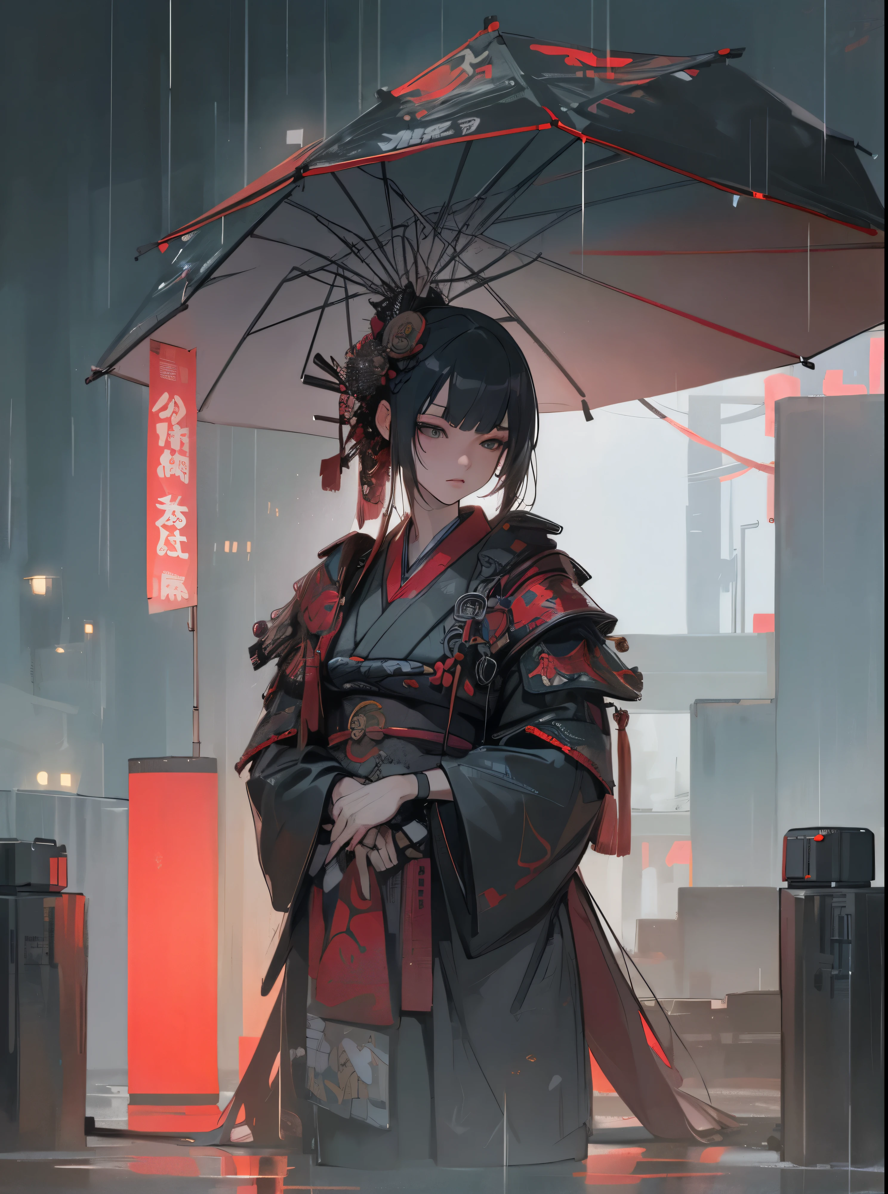 a beautiful woman in a cyberpunk kimono standing in the rain, extremely detailed and realistic, highly detailed facial features, intricate cyberpunk samurai armor, stunning cyberpunk geisha aesthetic, breathtaking 20 year old cyberpunk girl model, vivid digital artwork, 8k resolution, stunning bokeh, dreamy and cinematic cyberpunk style, masterpiece by leng jun
