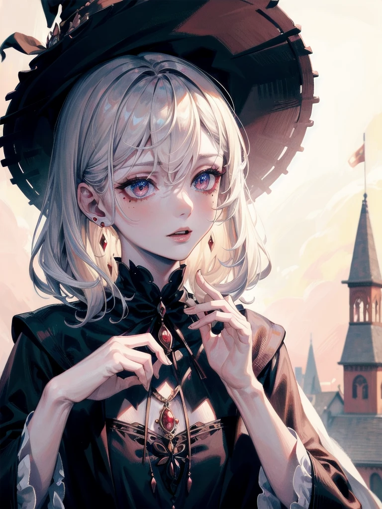 whole body, traditional witch outfit, absurdres, RAW photo, extremely delicate and beautiful, masterpiece, Best Quality, ultra high resolution, 32k, hyperrealistic, ultra-detailed, perfect figure, detailed description, pale skin, 20 years old, detailed beautiful face and eyes, tearful mole, earring, short medium hair, wavy hair,