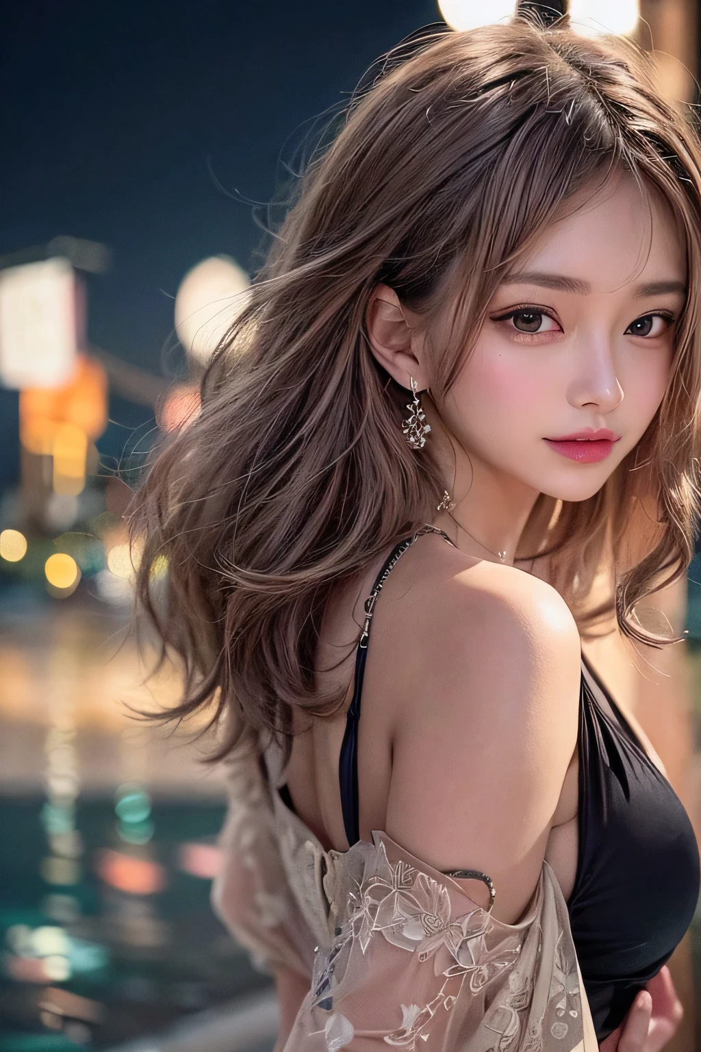 masterpiece, 1 Beautiful girl, Fine grain, highest quality, Ultra High resolution, (reality: 1.4), Cinema Lighting, Beautiful Skin, (Ultra-realistic), (High resolution), (8k), (Very detailed), ( Best illustrations), Pouting slightly, (Crystal colorful lights), Extremely refined and beautiful, beautiful detailed eyes, Round eyes, detailed facial features, (Round pupils:1.4), (alluring face), Smiling lips, (Medium breasts:1.3), A shallow smile, Open lips, (Beautiful and detailed face, Beautiful and delicate eyes), pink cheek, mascara, brown hair, short hair, (Walking by the seaside:1.3), (full body:1.3), wearing a bikini, night, off shoulder,