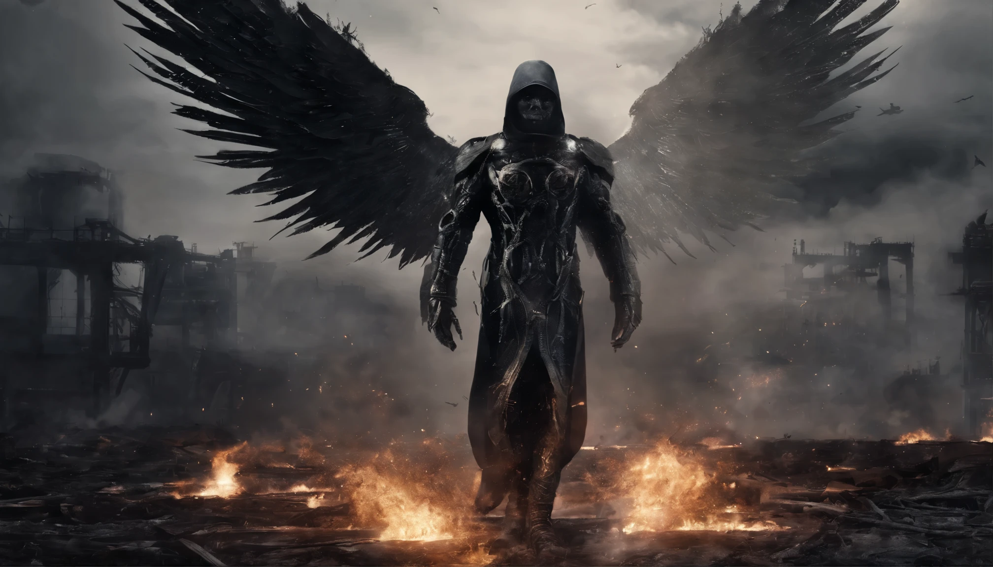 Fallen male Angel, front view, dirty body, ((face to viewer)), fire, inferno, sparks, industrial wings, Biomechanical, eerie, Dream-like, Very dark colors, Light particles, with light glowing, wallpaper art, UHD wallpaper, fire sparks,