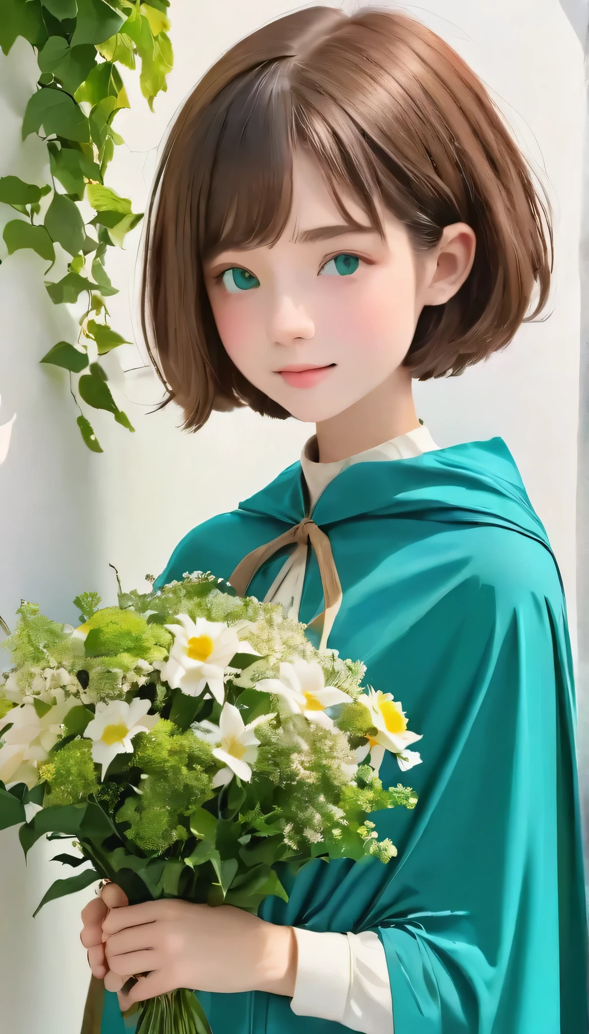 A woman standing in front of a white wall with a bouquet of flowers, short hair,14 year old cute girl, Ivy, wearing blue-Green clothes, With flowers, Low quality photos, with cape, Green clothes, photo shoot, Smooth input _ With background, , 🤤 Portrait of a Girl, beautiful!!, Wear longer, Loose-fitting clothing, Casual pose, aesthetics